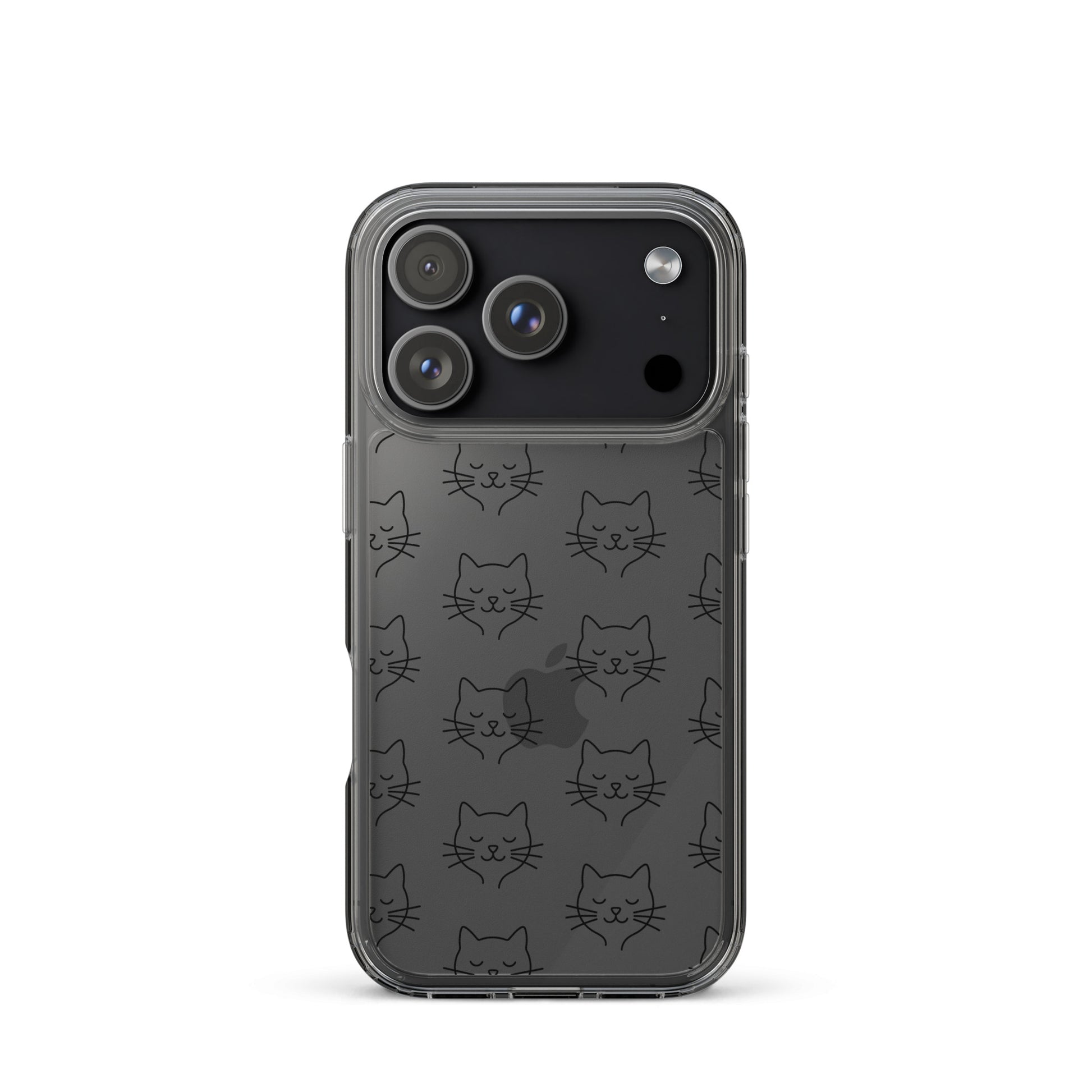 Phone Case for iPhone with cute cat face pattern on a clear design, perfect for pet lovers.
