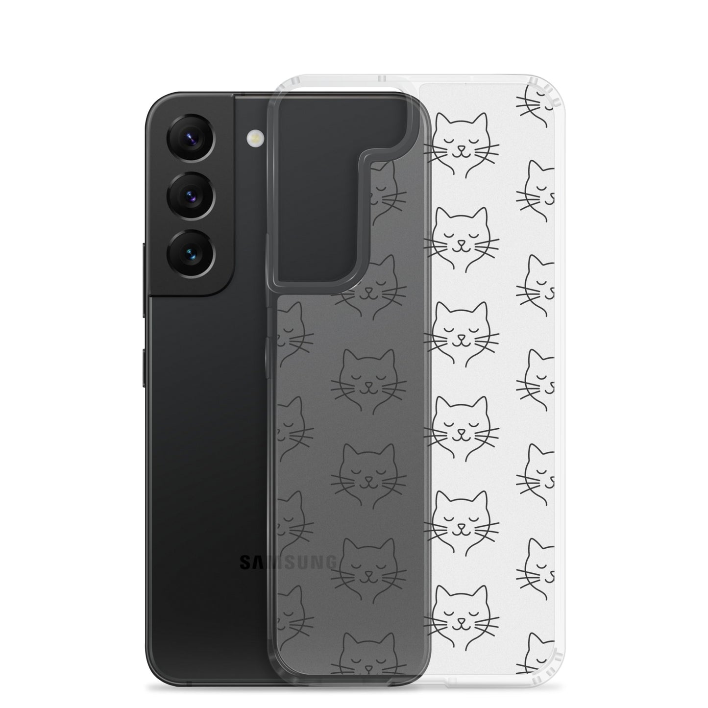 Phone Case for Samsung Galaxy featuring cute cat face pattern in a clear design, showcasing modern feline charm.