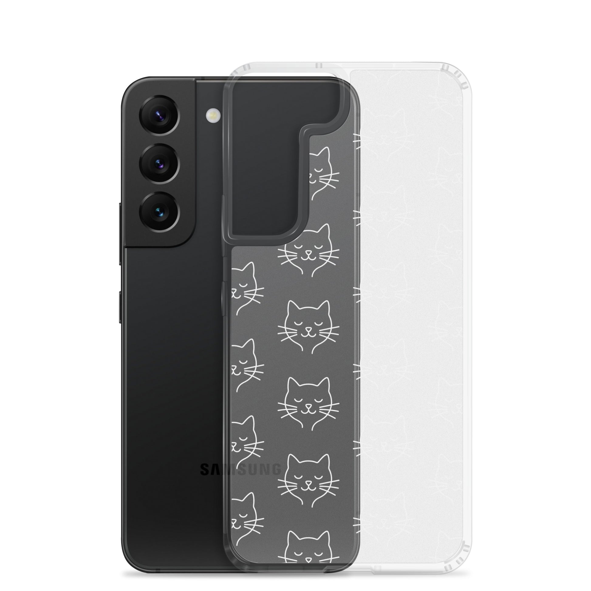 Phone Case for Samsung Galaxy featuring cute cat face pattern in a clear design.