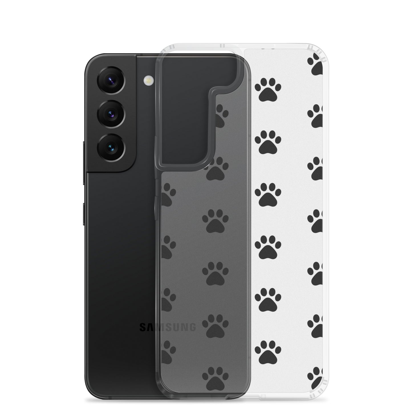 Phone Case for Samsung Galaxy featuring a playful all-over paw print pattern on a transparent finish.
