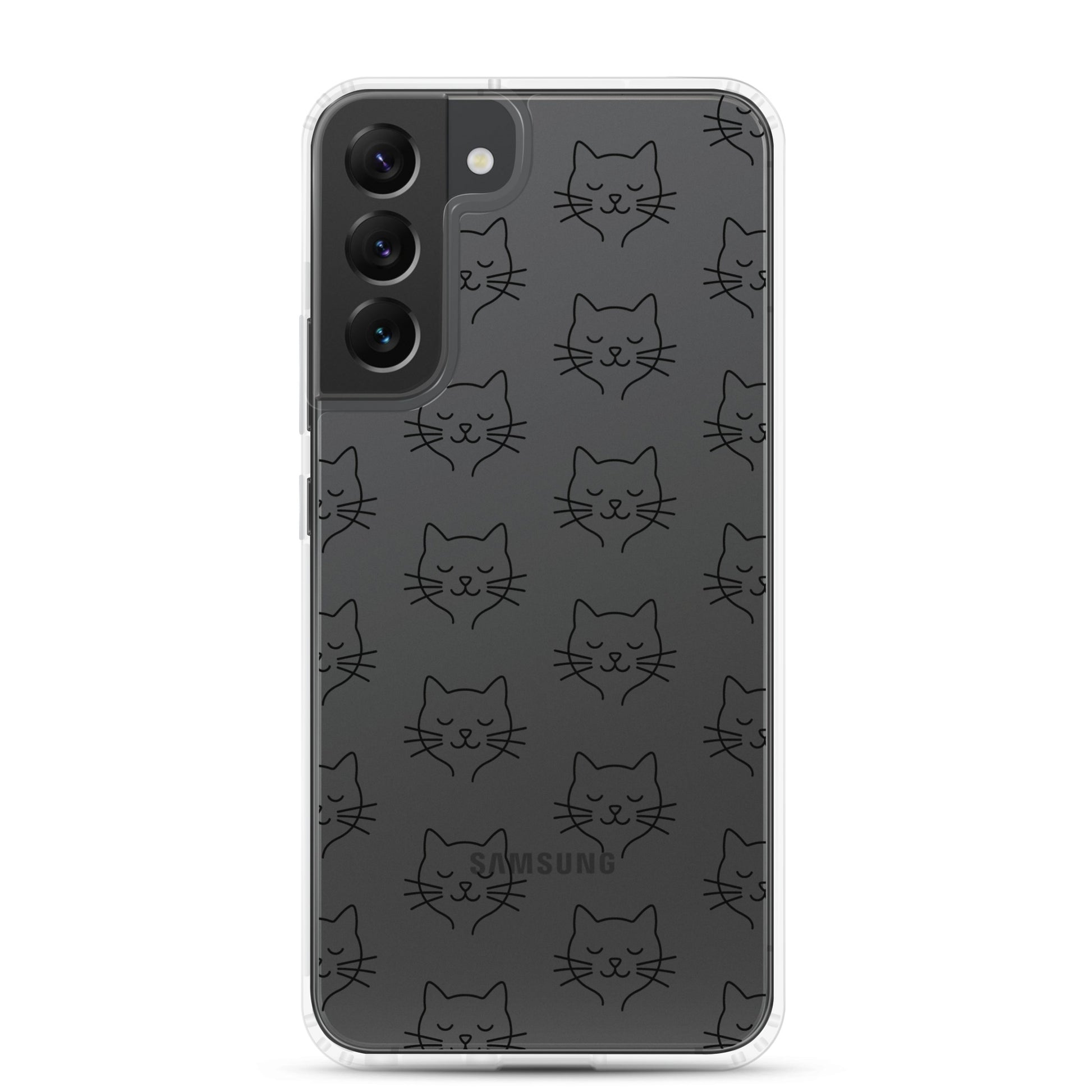 Cute Cat Face Pattern Phone Case for Samsung Galaxy with transparent design and sleek aesthetic.