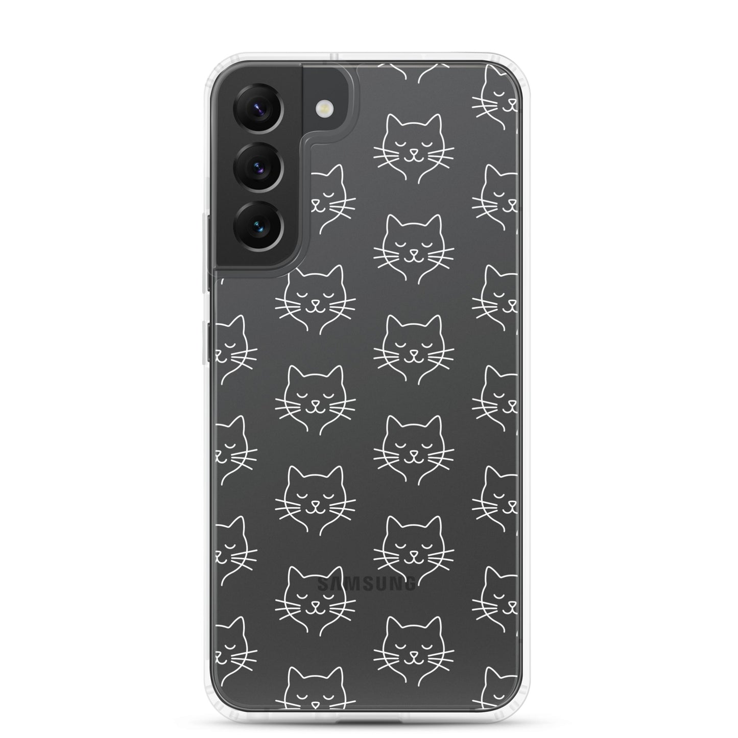 Phone Case for Samsung Galaxy featuring a cute cat face pattern on a clear case, perfect for cat lovers.