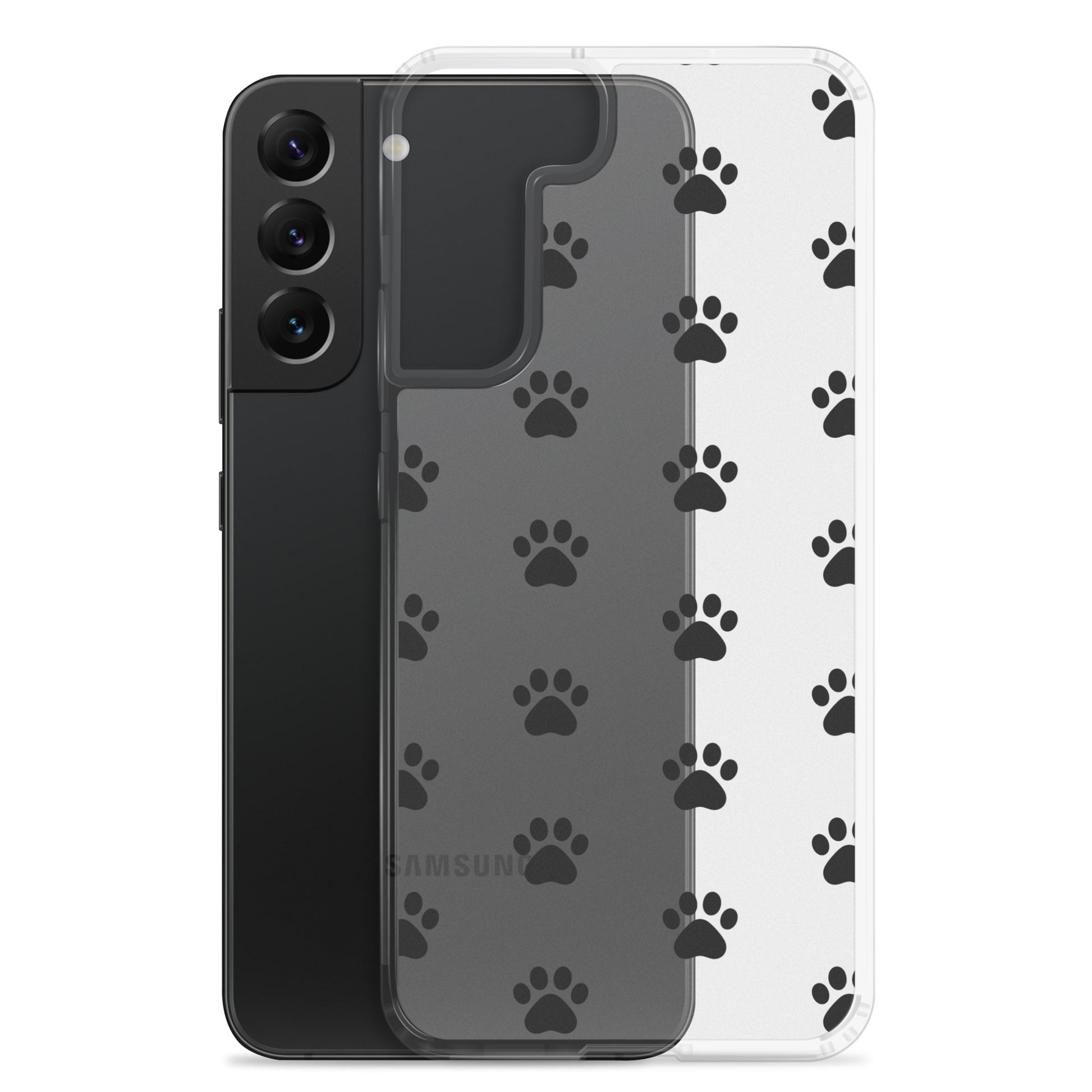 Phone Case for Samsung Galaxy featuring playful paw print pattern and transparent design.