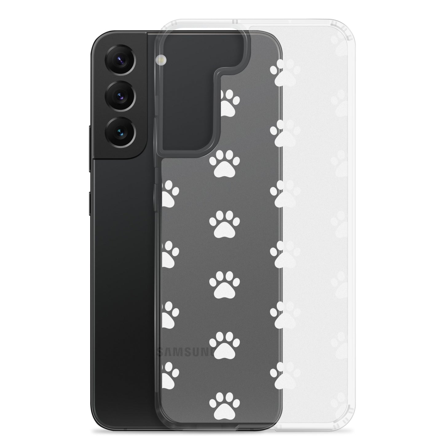 Phone Case for Samsung Galaxy featuring a playful paw print pattern on a transparent design.