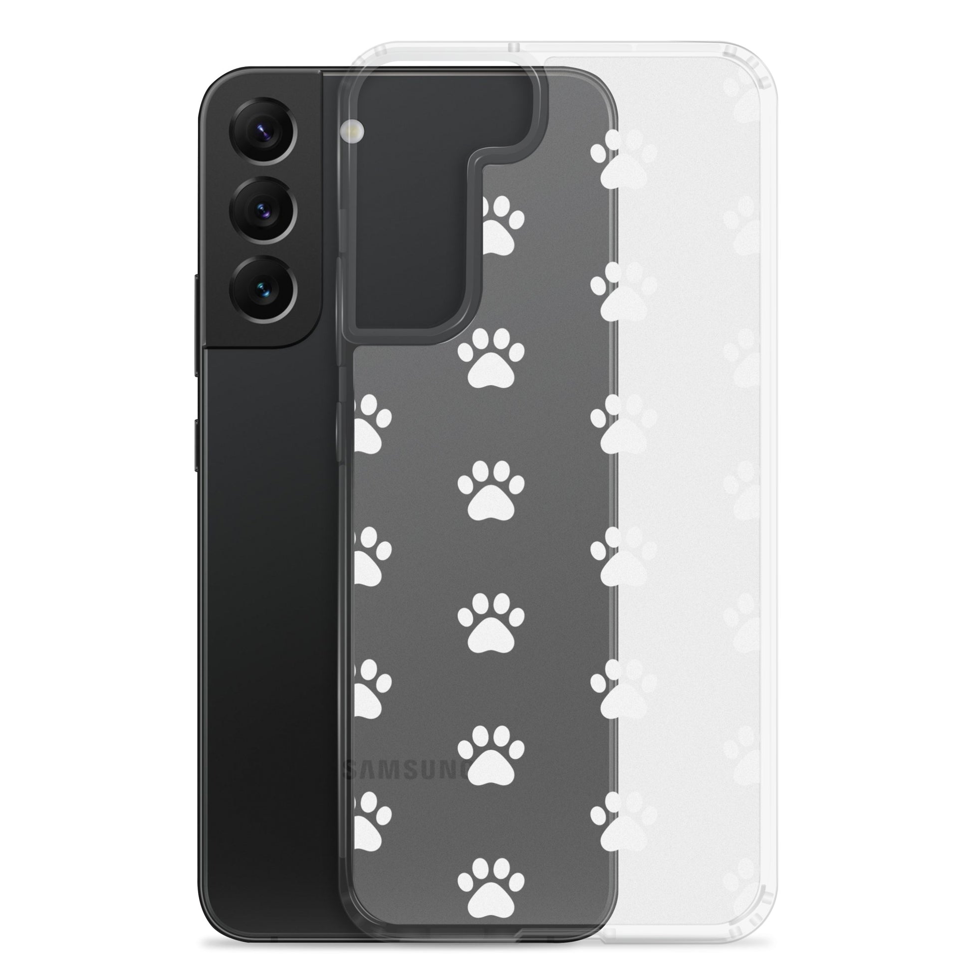 Phone Case for Samsung Galaxy featuring a playful paw print pattern on a transparent design.