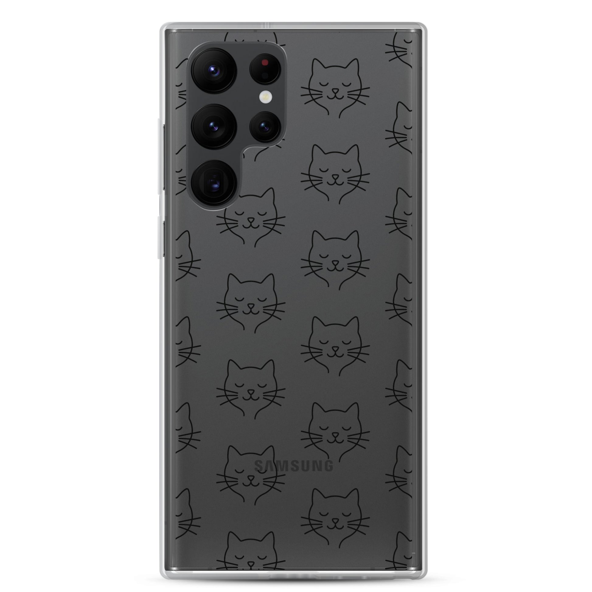 Phone Case for Samsung Galaxy featuring a cute cat face pattern on a clear case design.