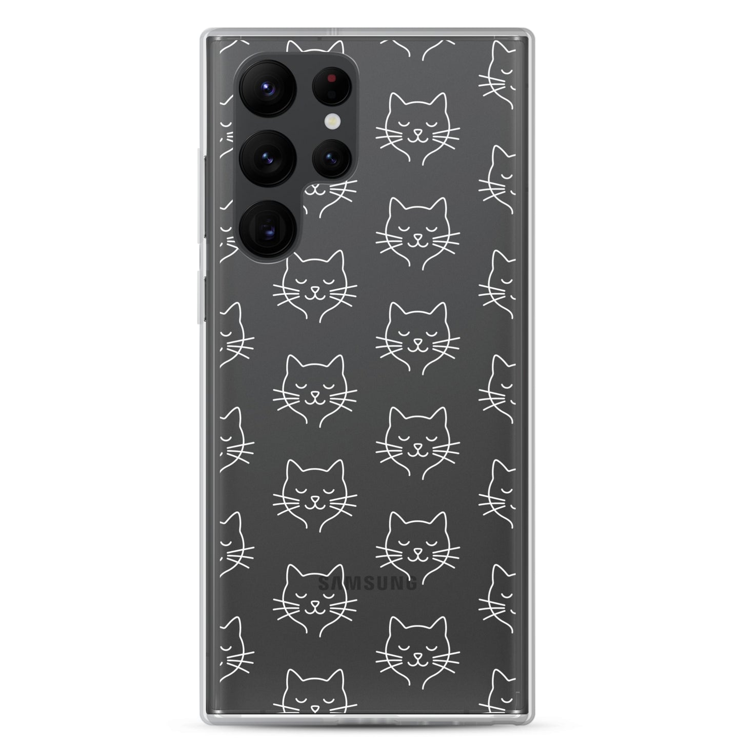Phone Case for Samsung Galaxy featuring a cute cat face pattern on a clear, minimalist design.
