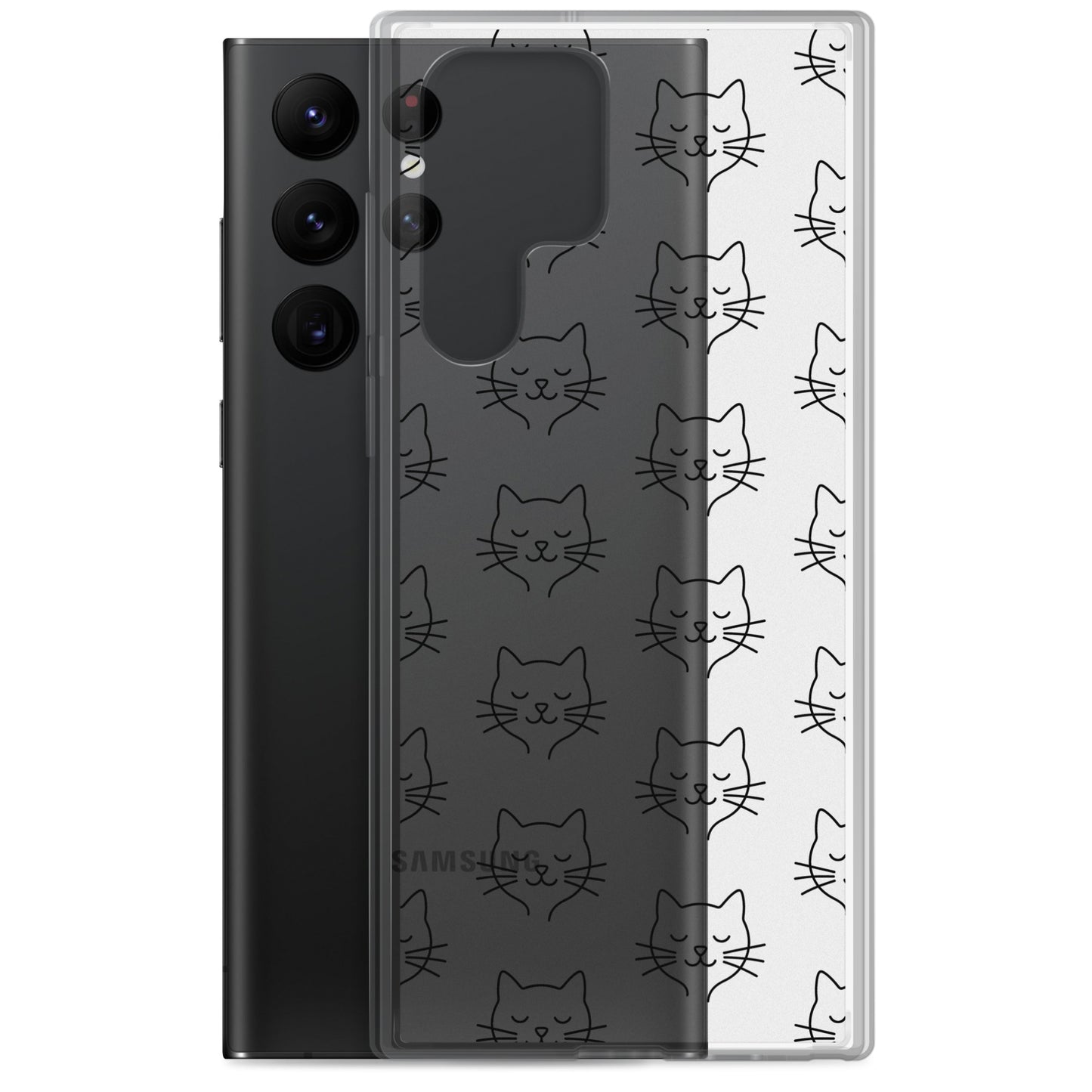 Phone Case for Samsung Galaxy: Cute Cat Face Pattern, clear case with minimalist cat faces design.