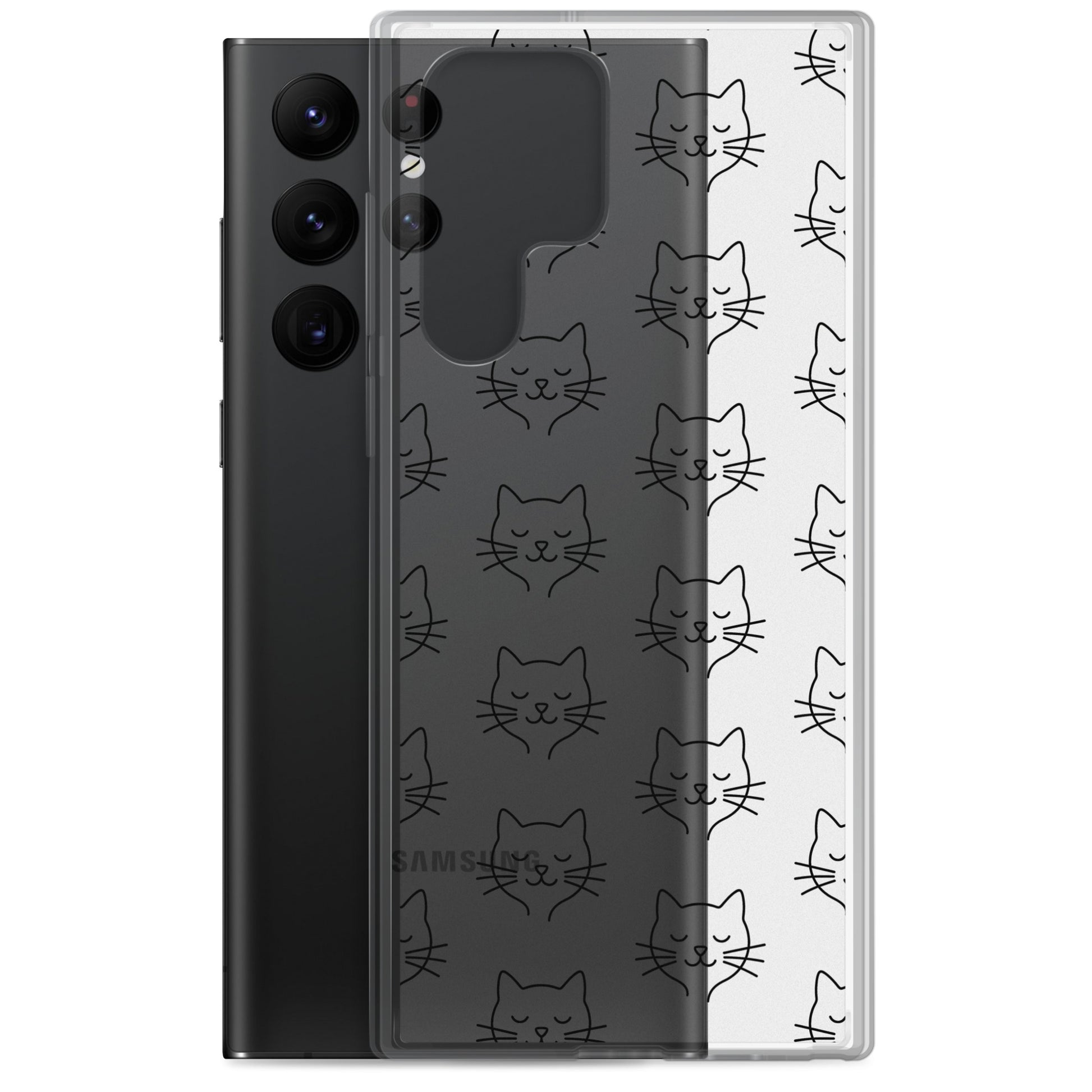 Phone Case for Samsung Galaxy: Cute Cat Face Pattern, clear case with minimalist cat faces design.