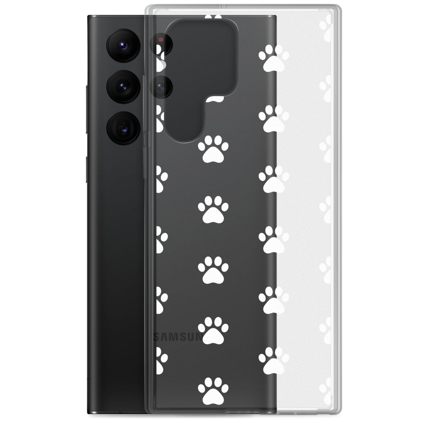 Phone Case for Samsung Galaxy featuring a playful paw print pattern on a transparent background.