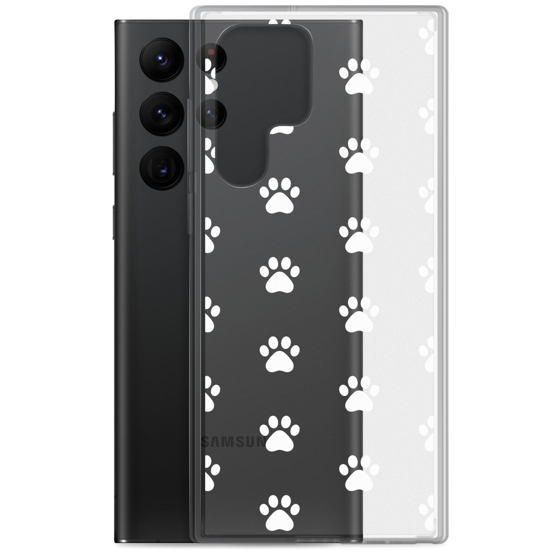 Phone Case for Samsung Galaxy featuring a playful paw print pattern on a transparent background.