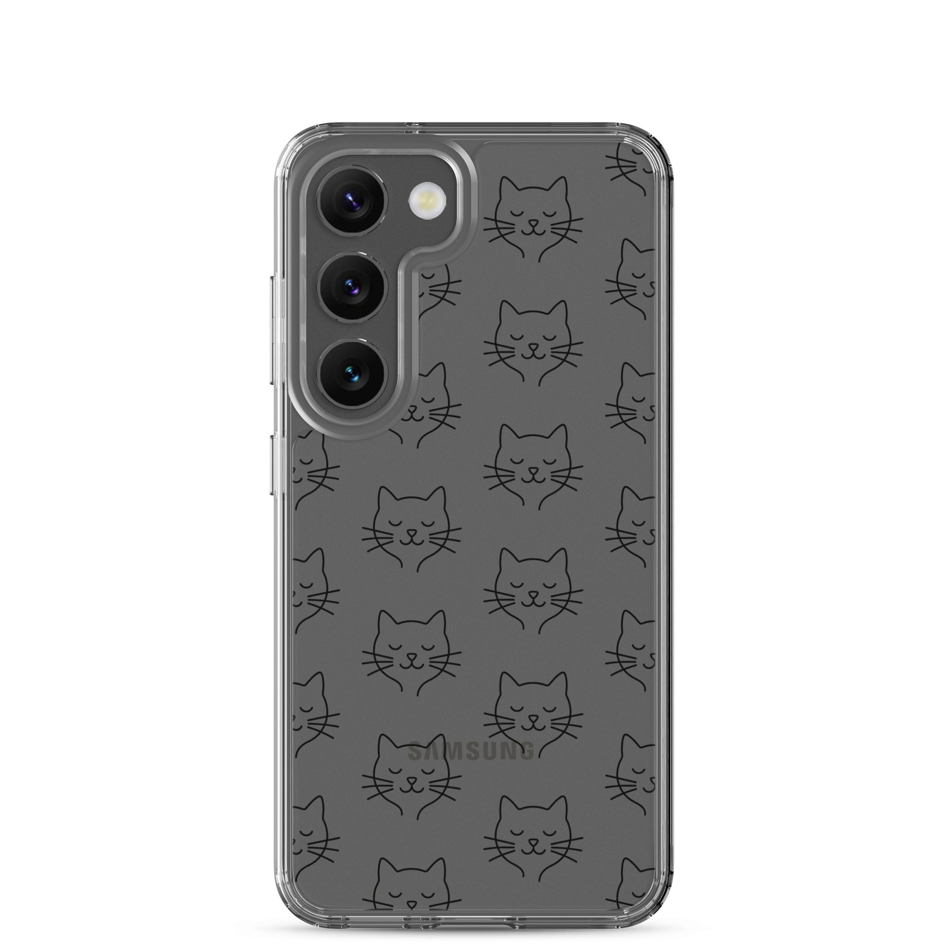 Phone Case for Samsung Galaxy with cute cat face pattern in minimalist design on clear case.