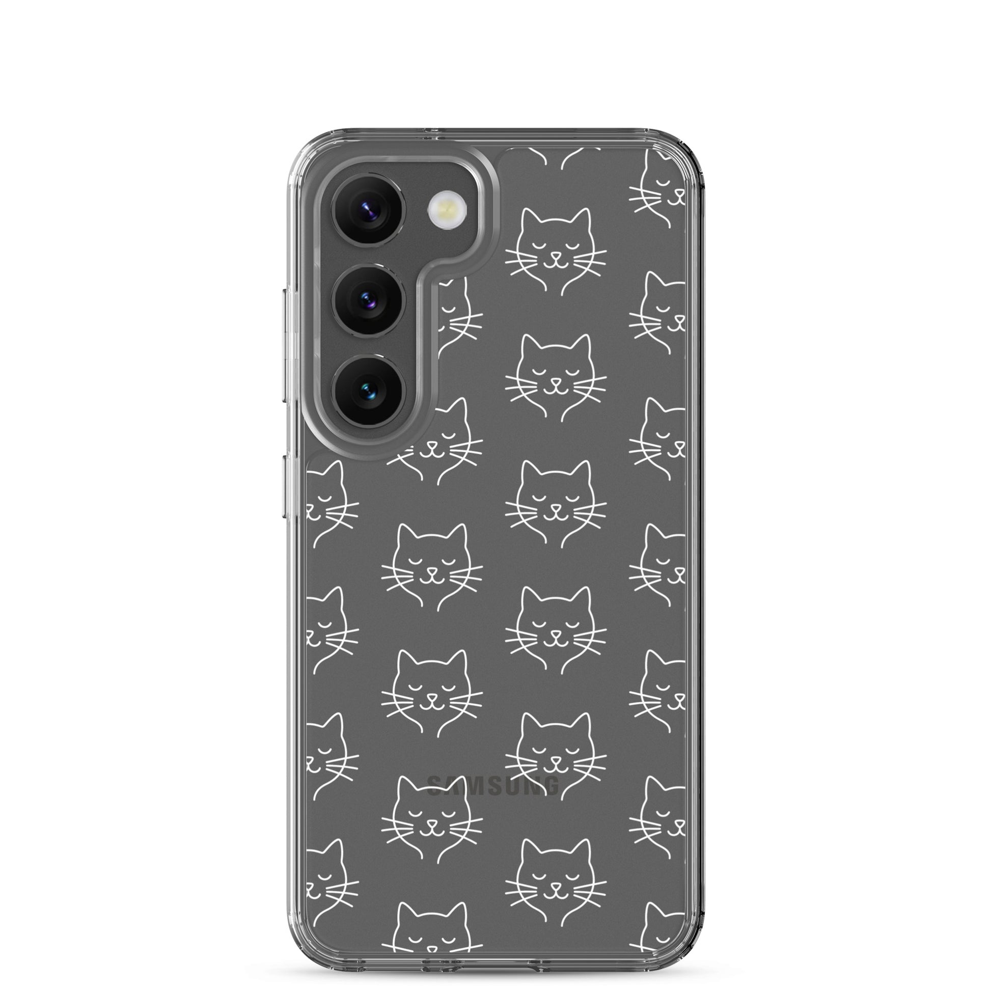 Phone Case for Samsung Galaxy with cute cat face pattern, clear case showcasing minimalist cat designs.