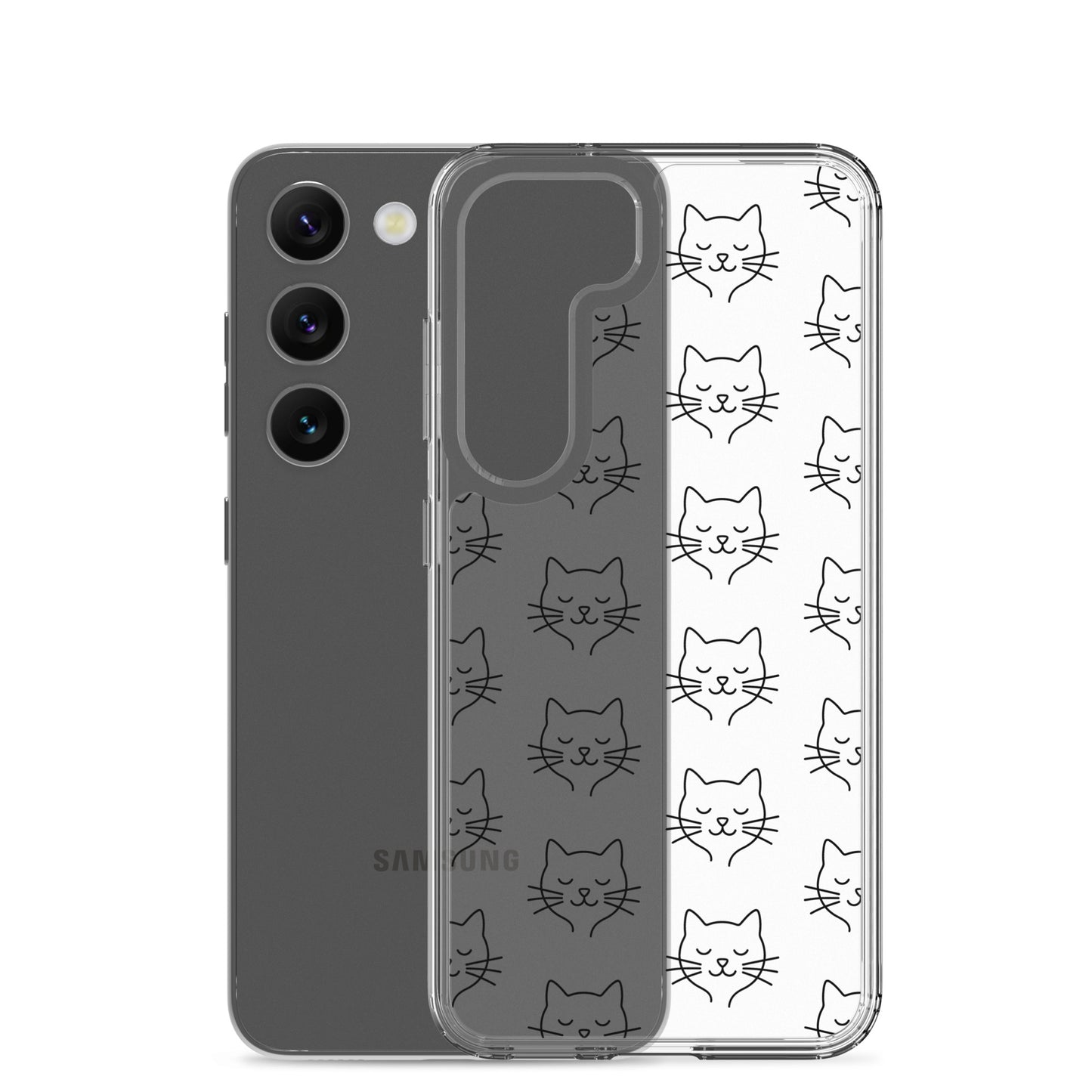 Phone Case for Samsung Galaxy featuring a cute cat face pattern design on a clear case.