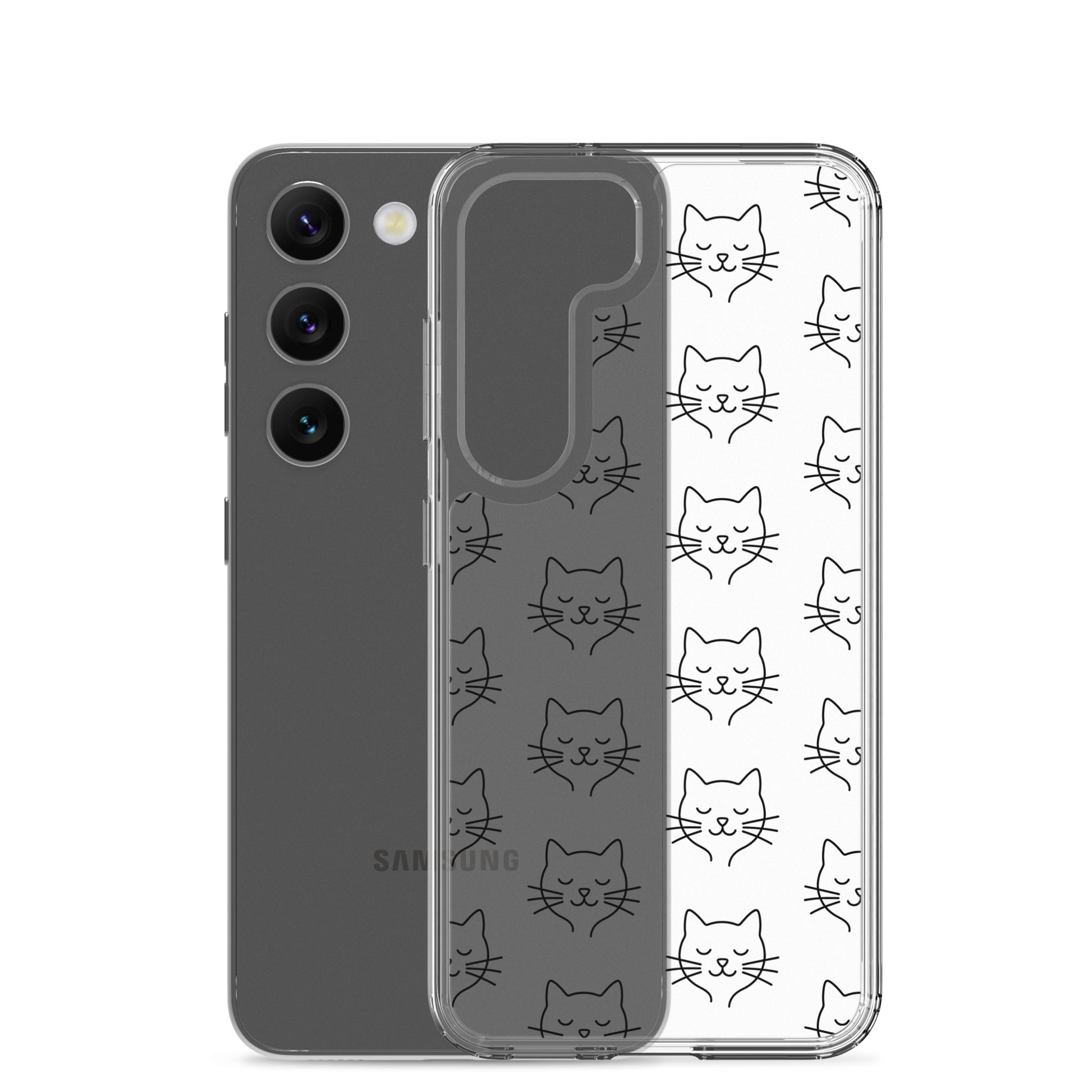 Phone Case for Samsung Galaxy featuring a cute cat face pattern design on a clear case.