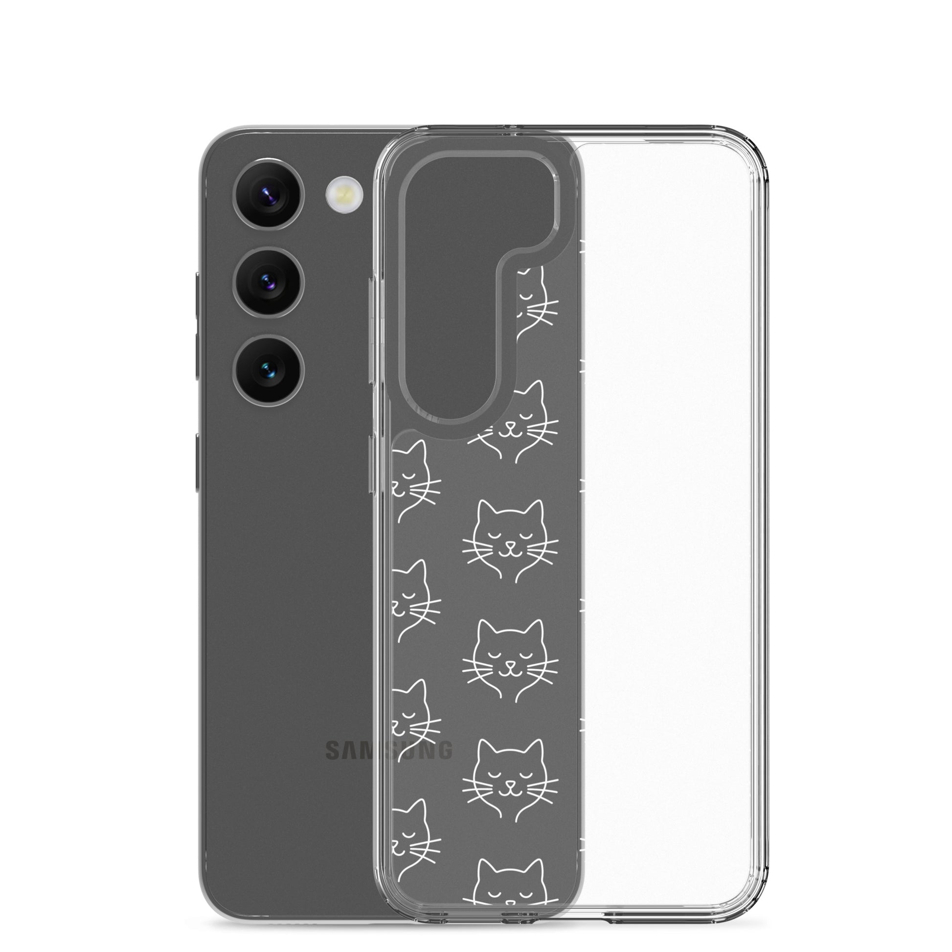 Phone Case for Samsung Galaxy featuring a cute cat face pattern on a clear design.