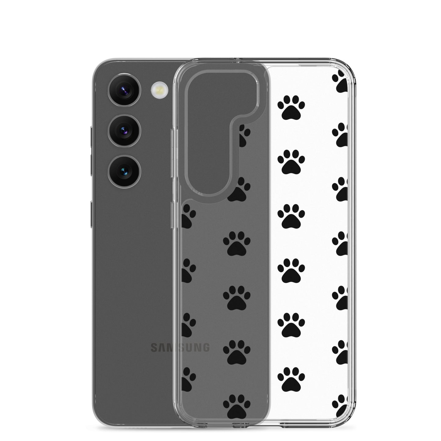 Phone Case for Samsung Galaxy featuring playful paw print pattern on a transparent design.