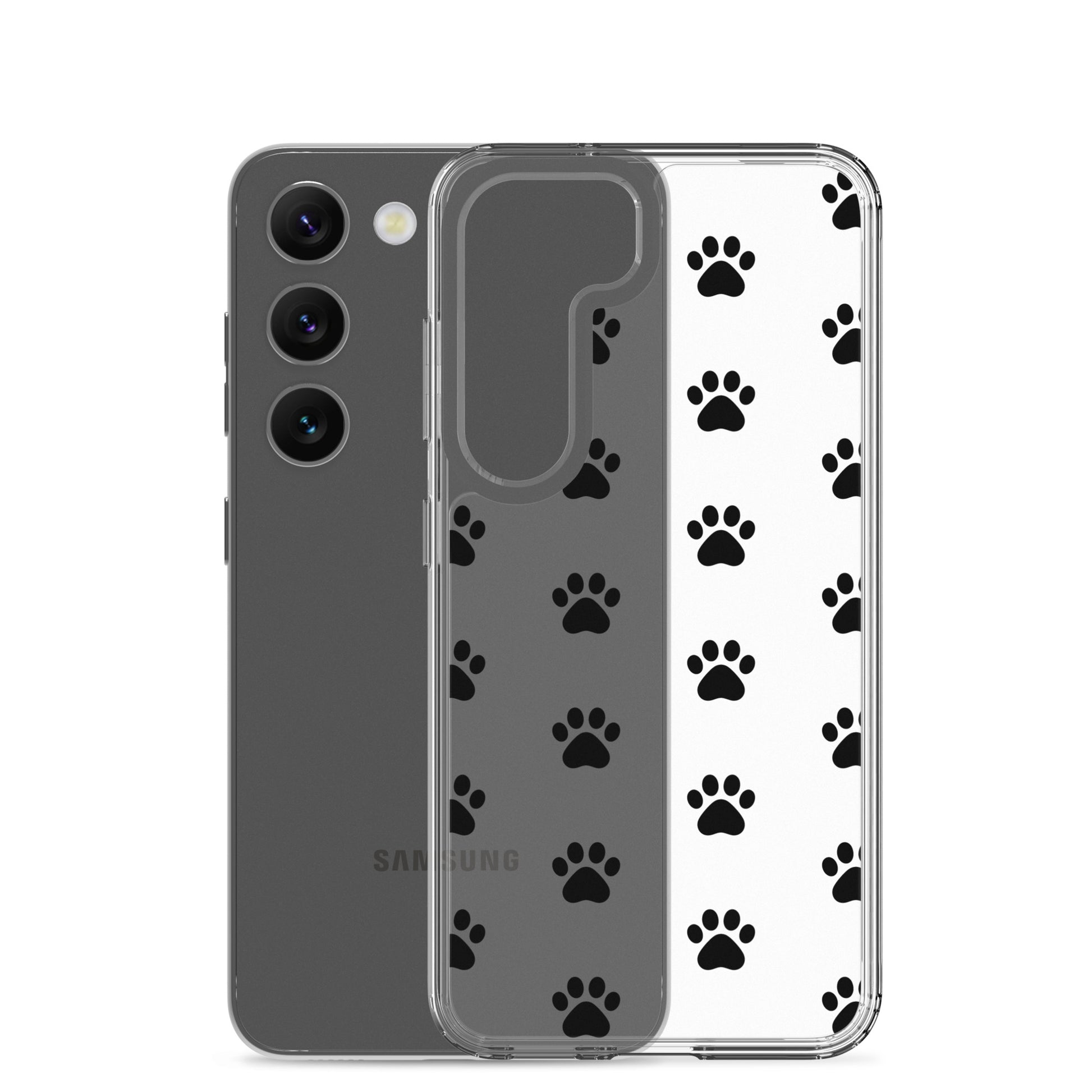 Phone Case for Samsung Galaxy featuring playful paw print pattern on a transparent design.