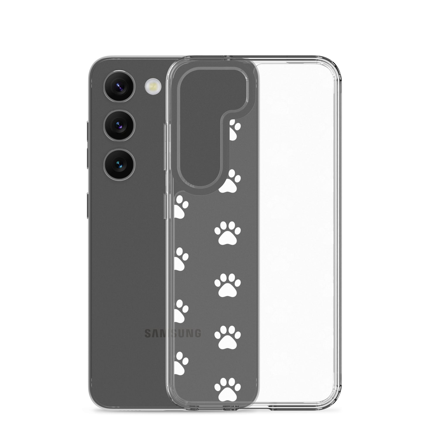 Phone Case for Samsung Galaxy featuring a playful paw print pattern and transparent design for pet lovers.