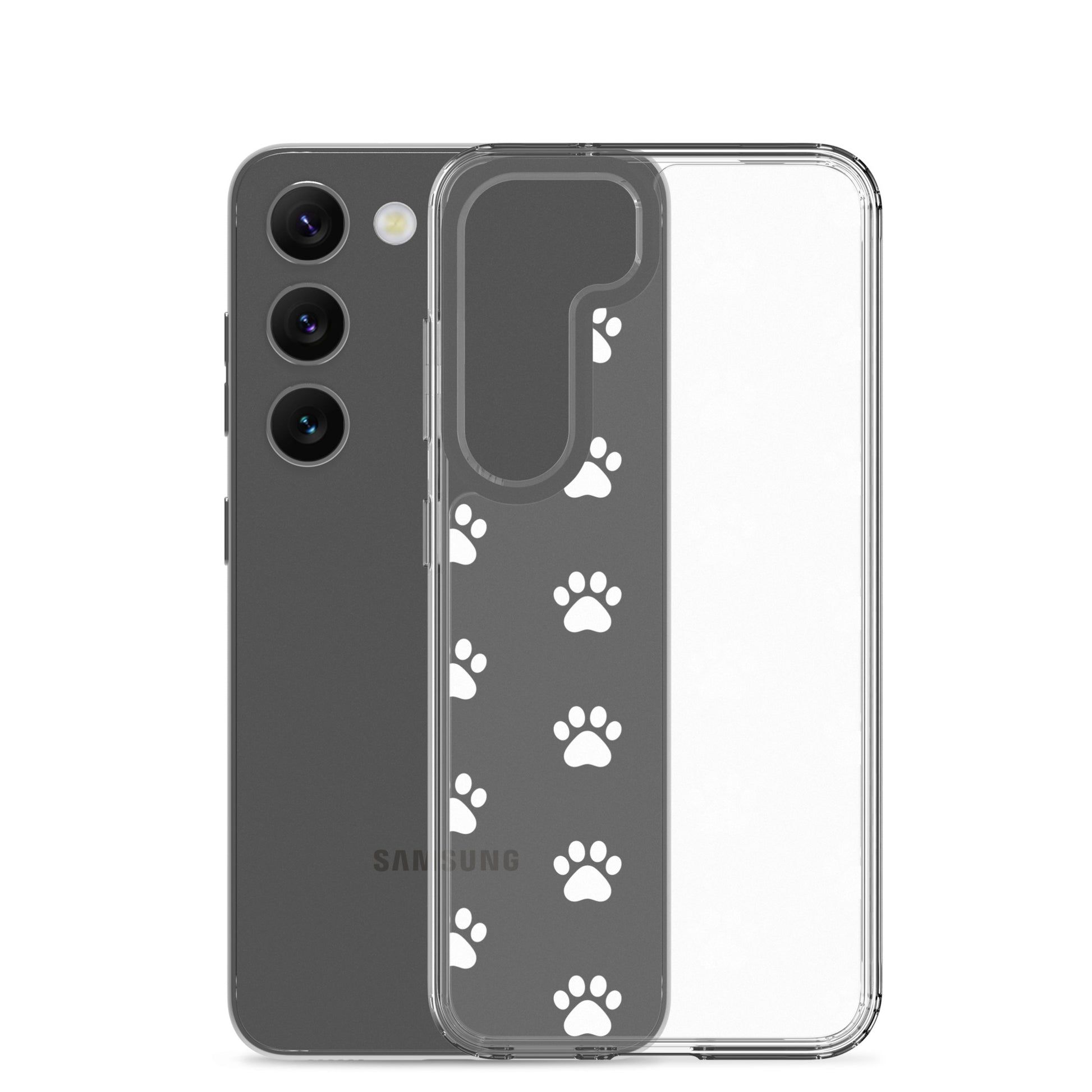 Phone Case for Samsung Galaxy featuring a playful paw print pattern and transparent design for pet lovers.