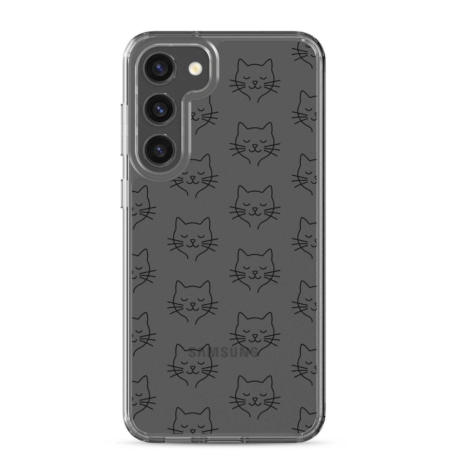 Phone Case for Samsung Galaxy featuring cute cat face pattern on a clear case design.