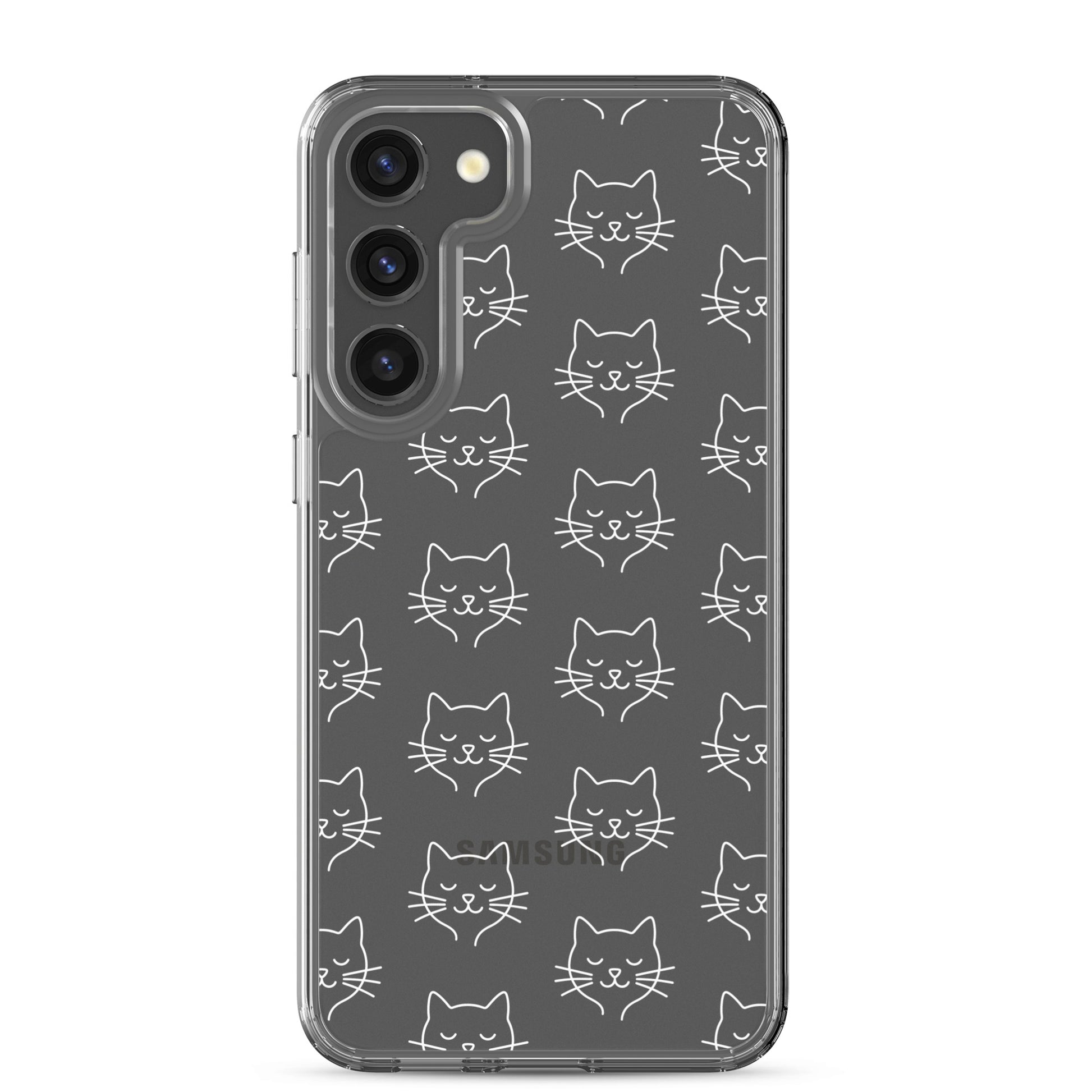 Phone Case for Samsung Galaxy with cute cat face pattern on a clear background.