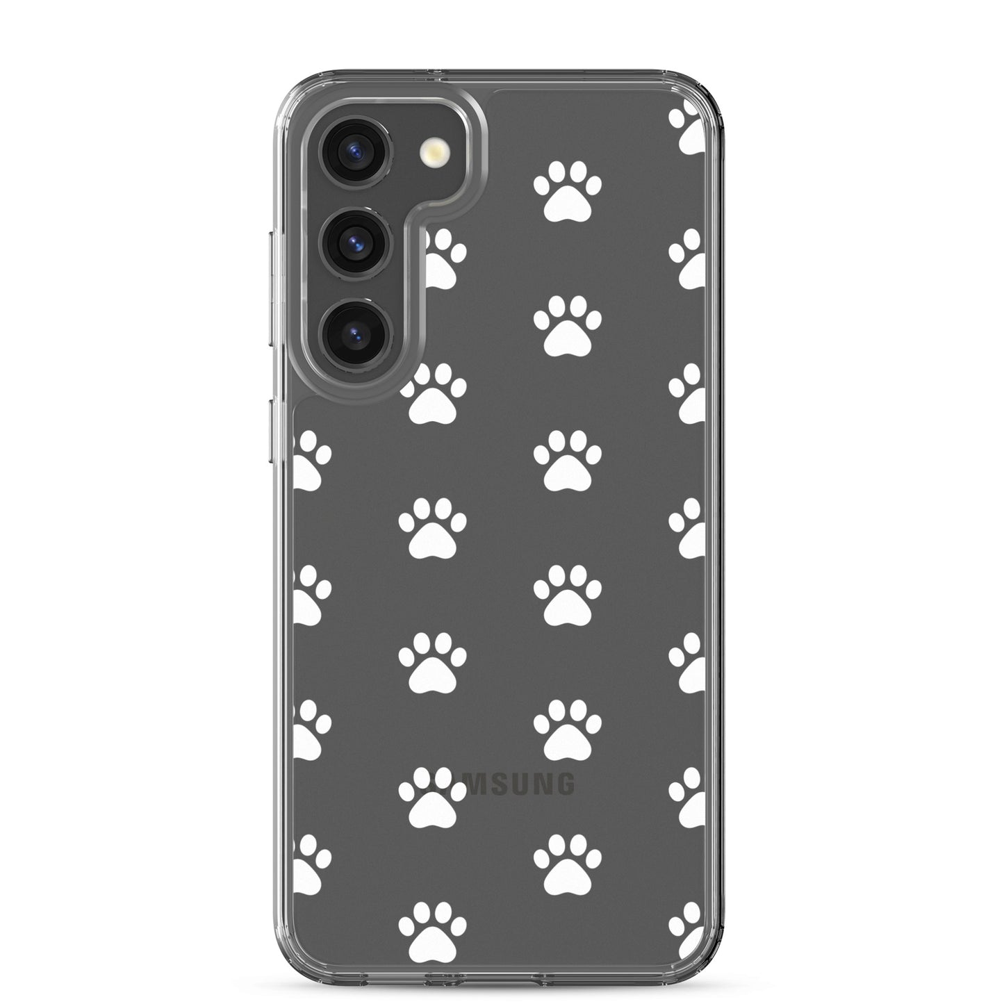 Phone Case for Samsung Galaxy featuring a playful white paw print pattern on a transparent background.