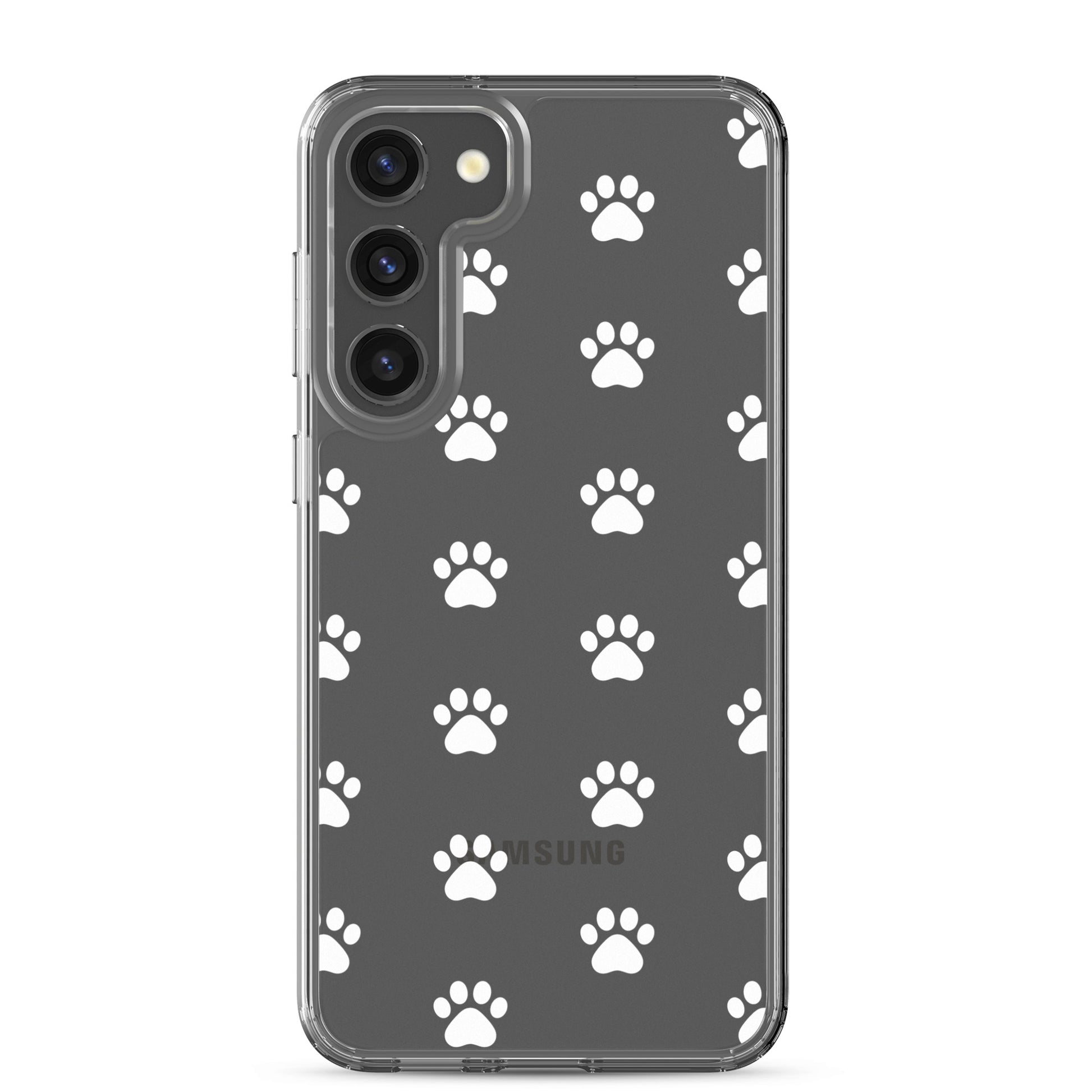 Phone Case for Samsung Galaxy featuring a playful white paw print pattern on a transparent background.