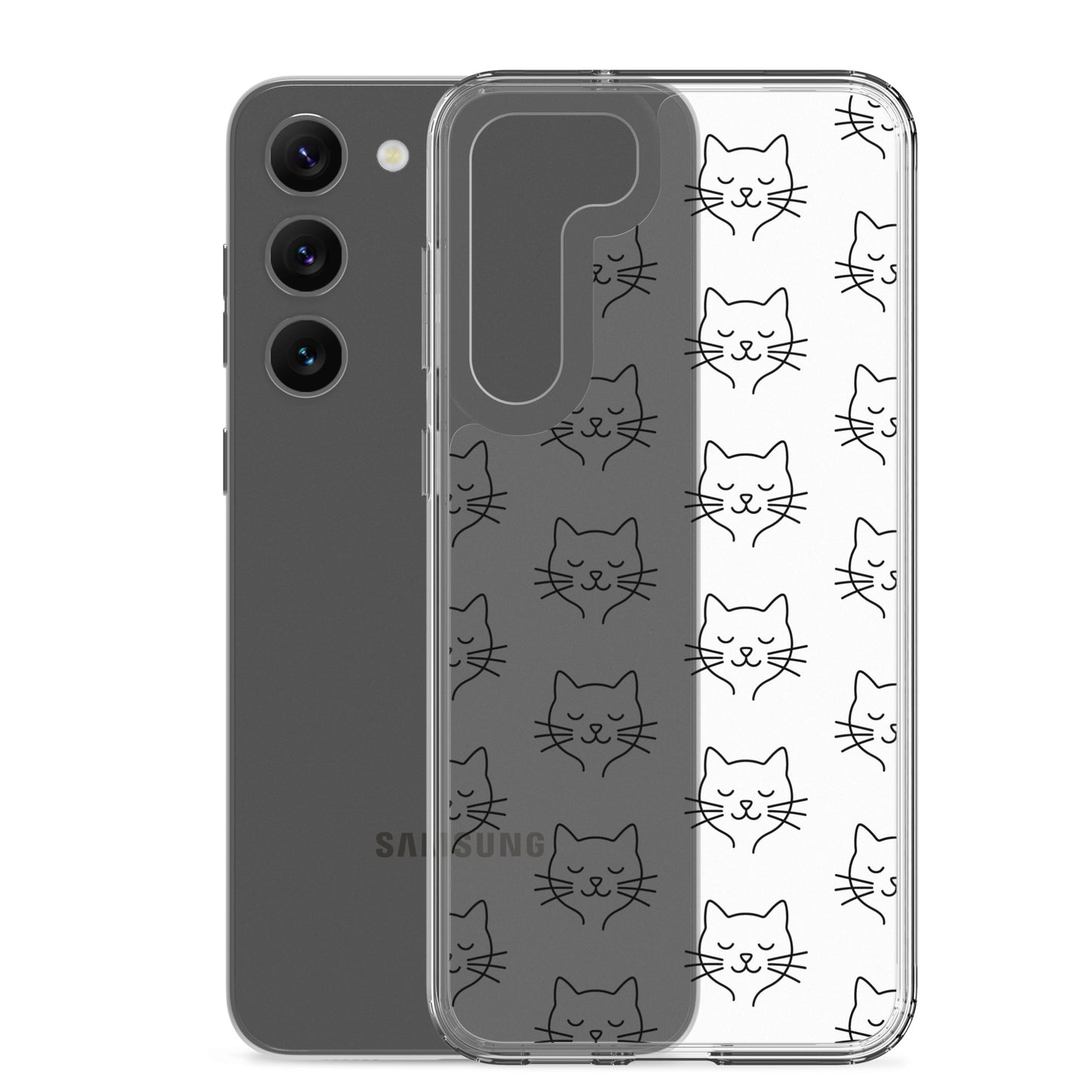 Phone Case for Samsung Galaxy featuring a cute cat face pattern in a clear design.
