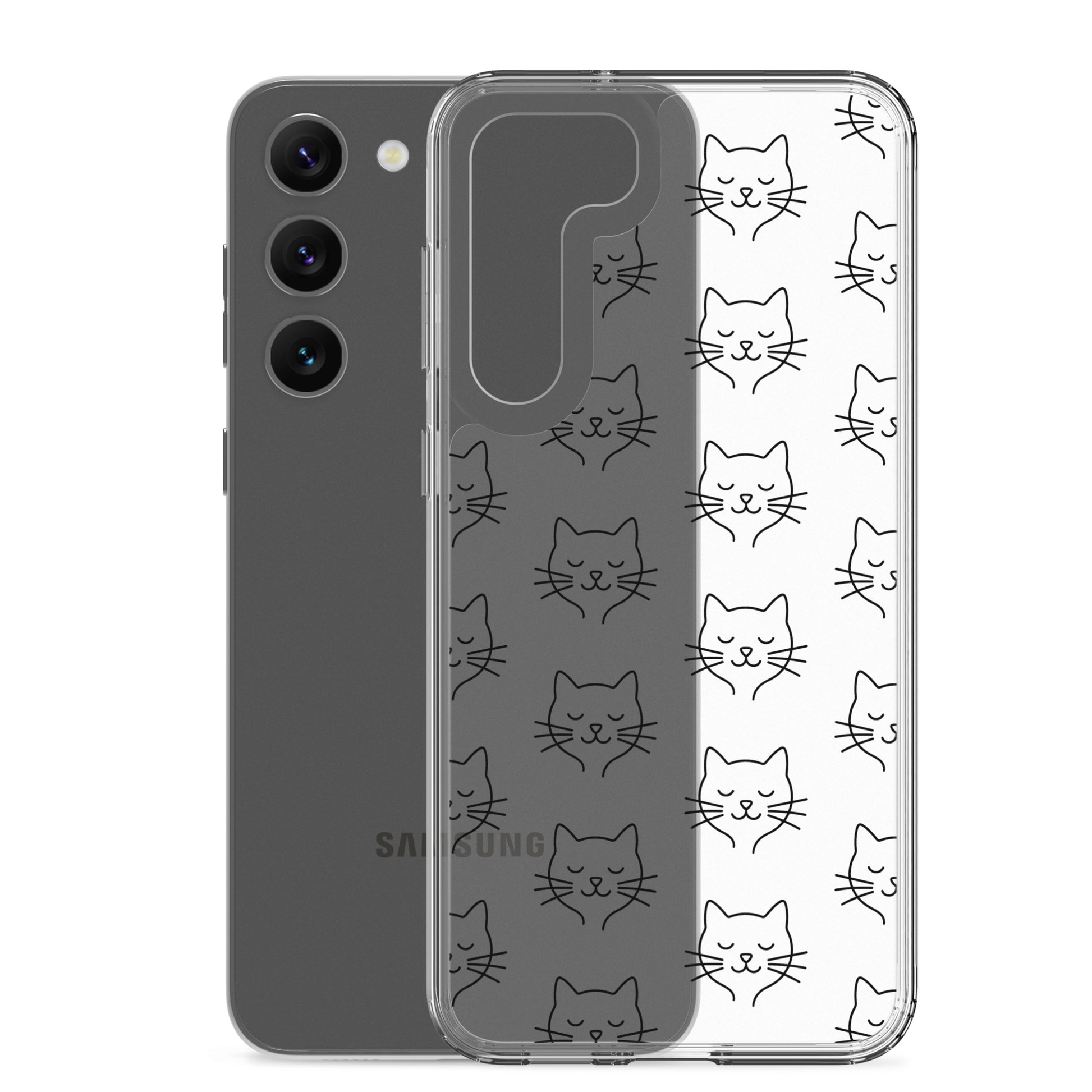 Phone Case for Samsung Galaxy featuring a cute cat face pattern in a clear design.