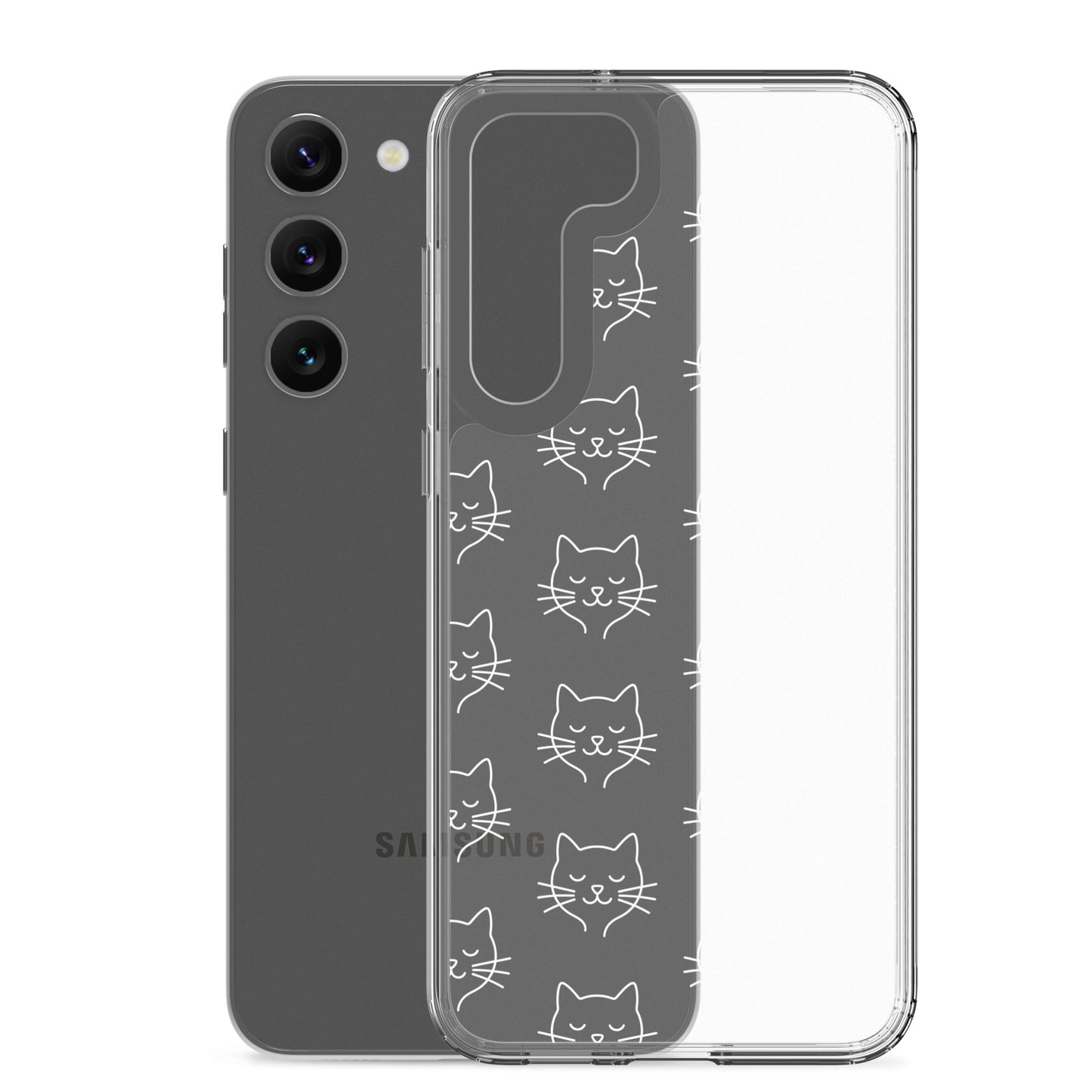 Phone Case for Samsung Galaxy featuring cute cat face pattern on a clear case.