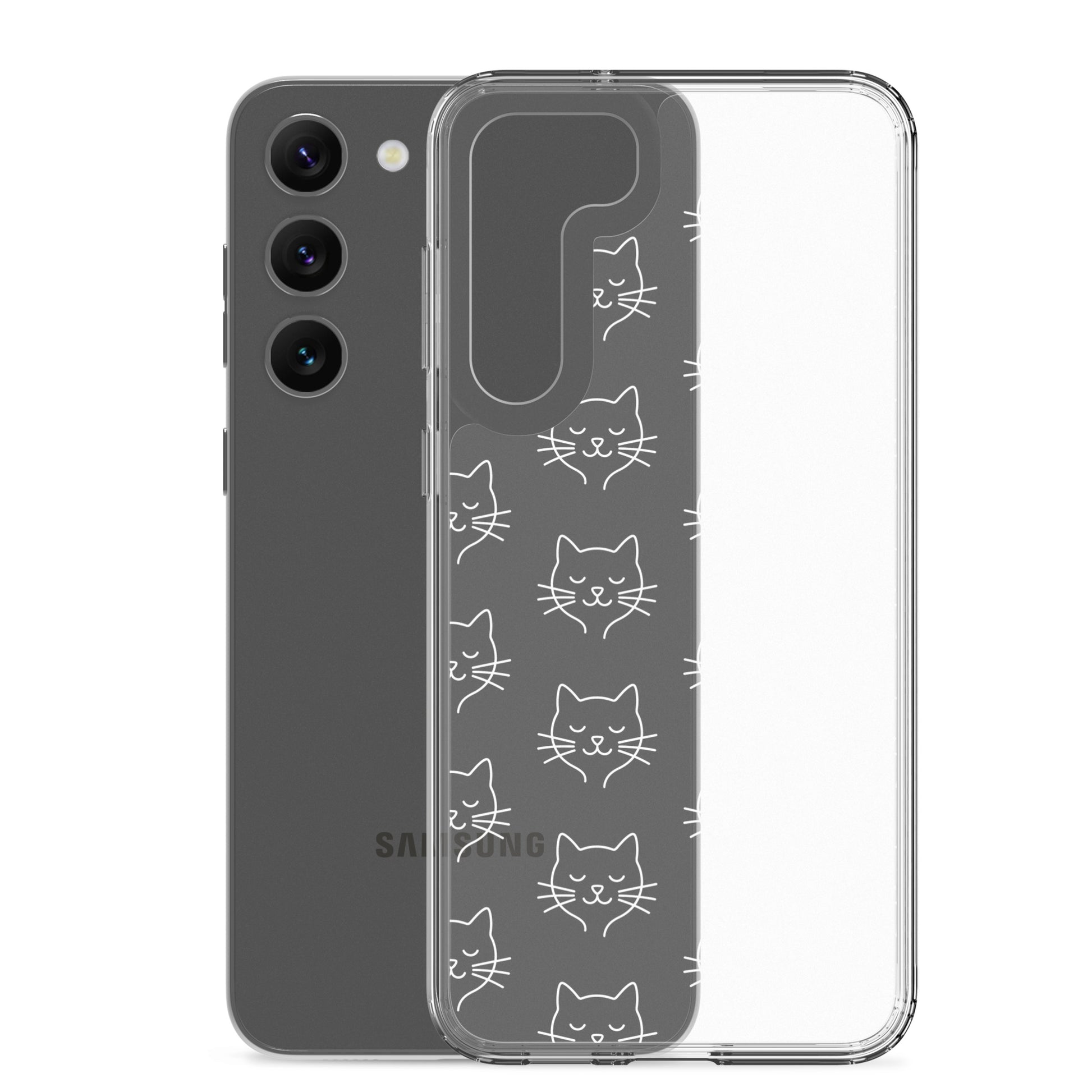 Phone Case for Samsung Galaxy featuring cute cat face pattern on a clear case.