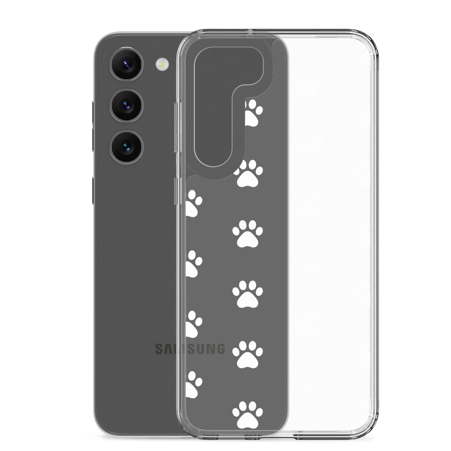 Transparent Phone Case for Samsung Galaxy featuring a playful paw print pattern, perfect for pet lovers.