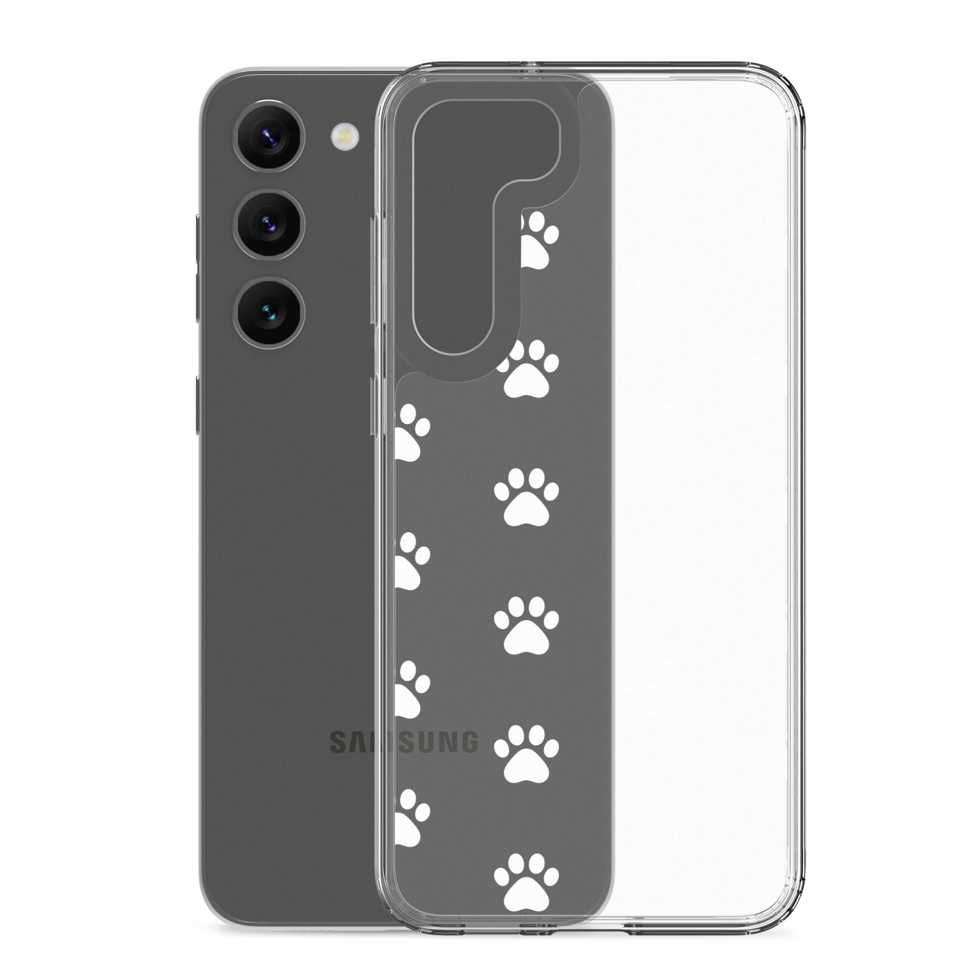 Transparent Phone Case for Samsung Galaxy featuring a playful paw print pattern, perfect for pet lovers.