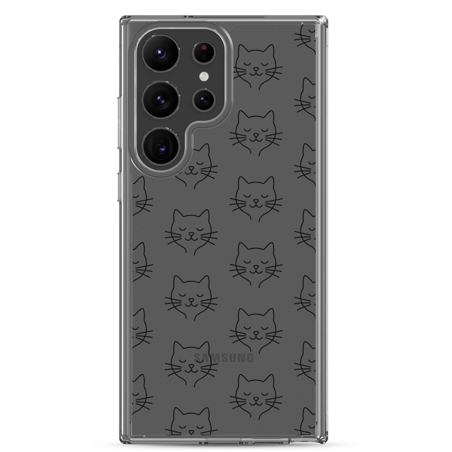 Phone Case for Samsung Galaxy featuring cute cat face pattern on a clear case, perfect for cat lovers.