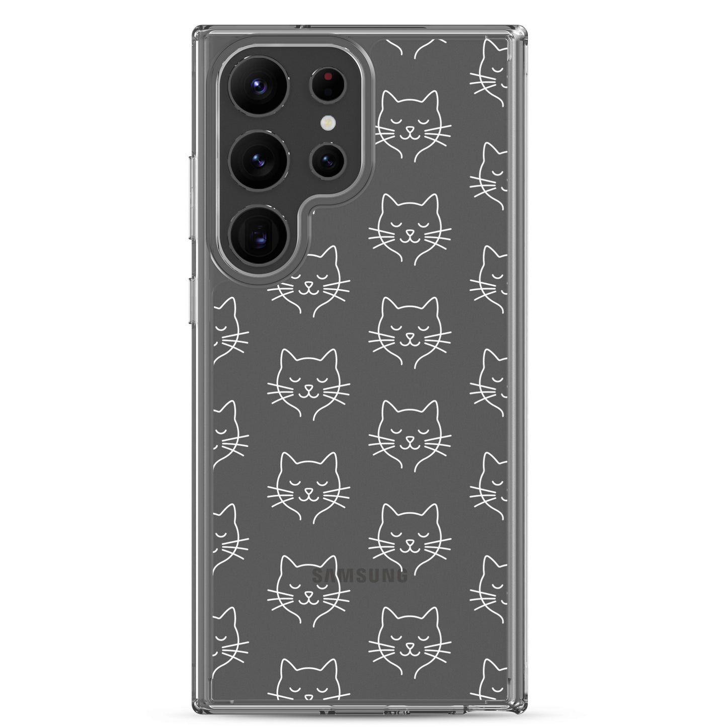 Phone Case for Samsung Galaxy featuring a cute cat face pattern in a clear design.