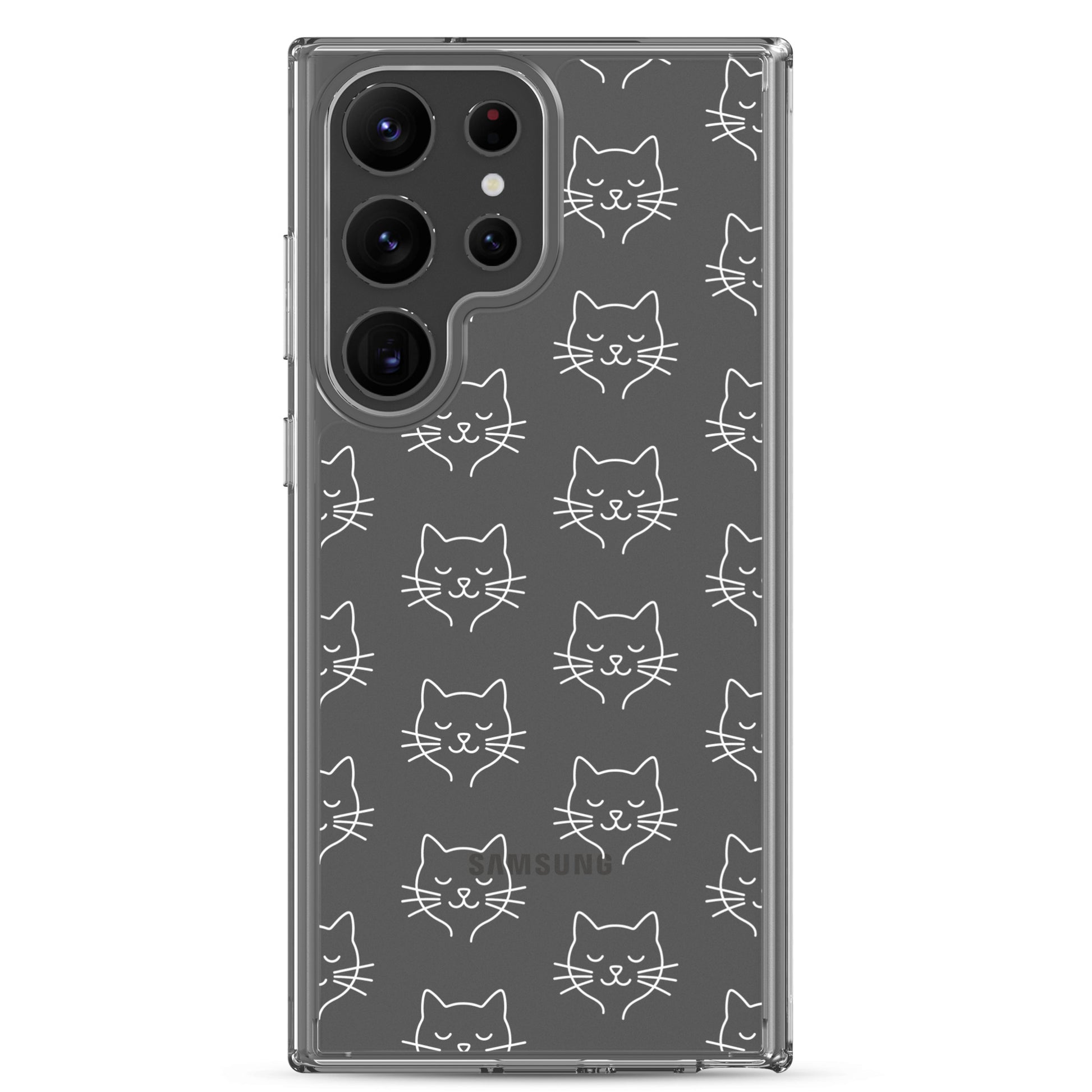 Phone Case for Samsung Galaxy featuring a cute cat face pattern in a clear design.