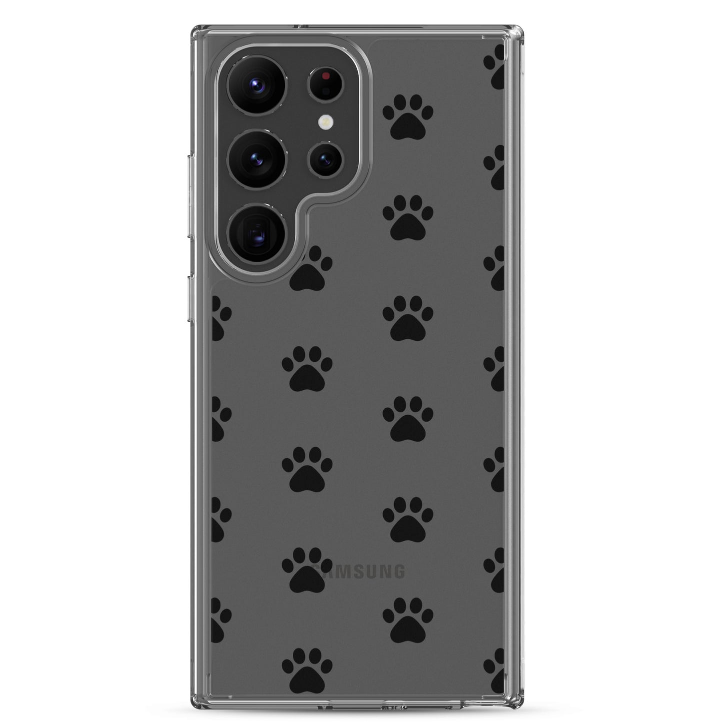 Phone Case for Samsung Galaxy featuring a playful paw print pattern on a transparent design.