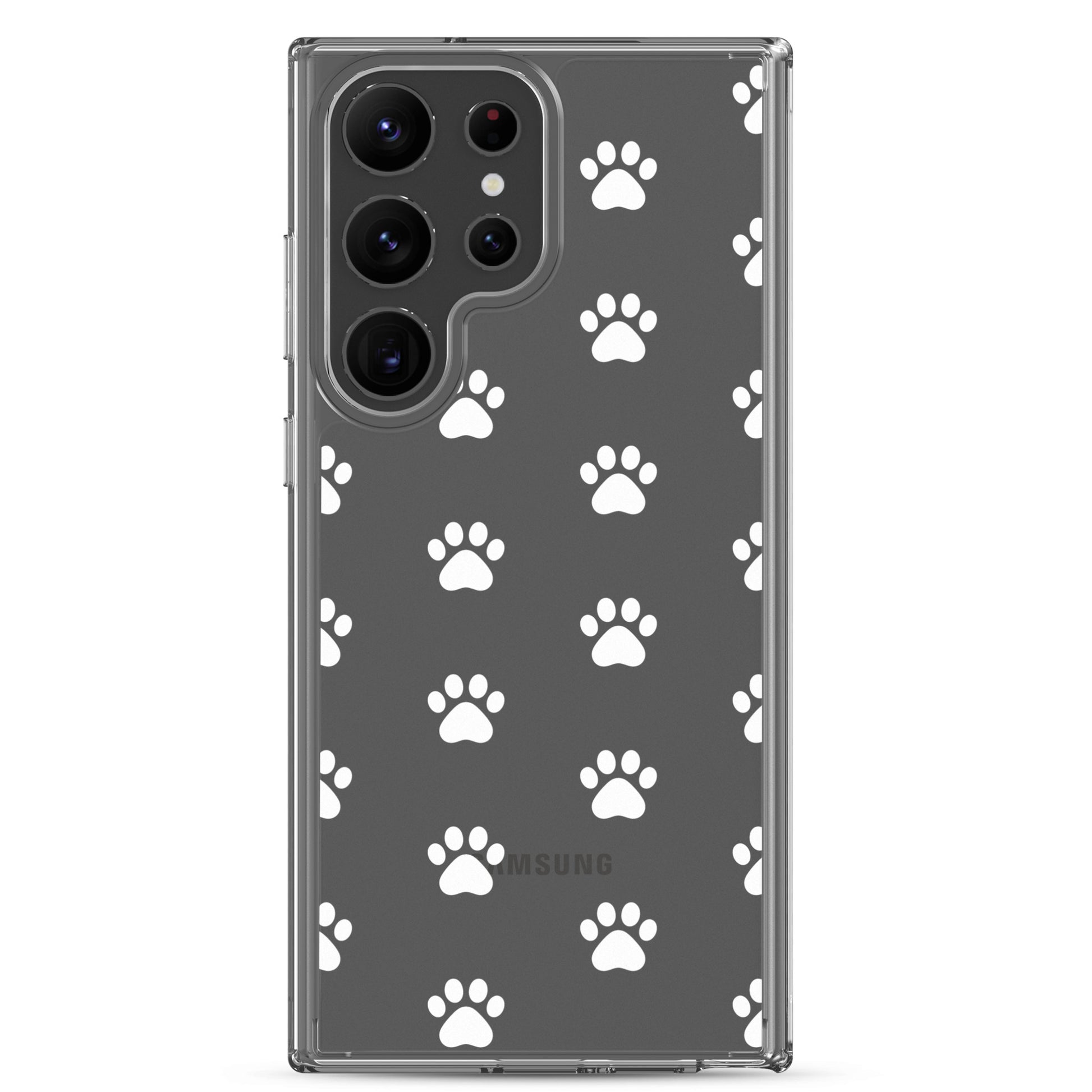 Phone Case for Samsung Galaxy with playful paw print pattern on a transparent background.