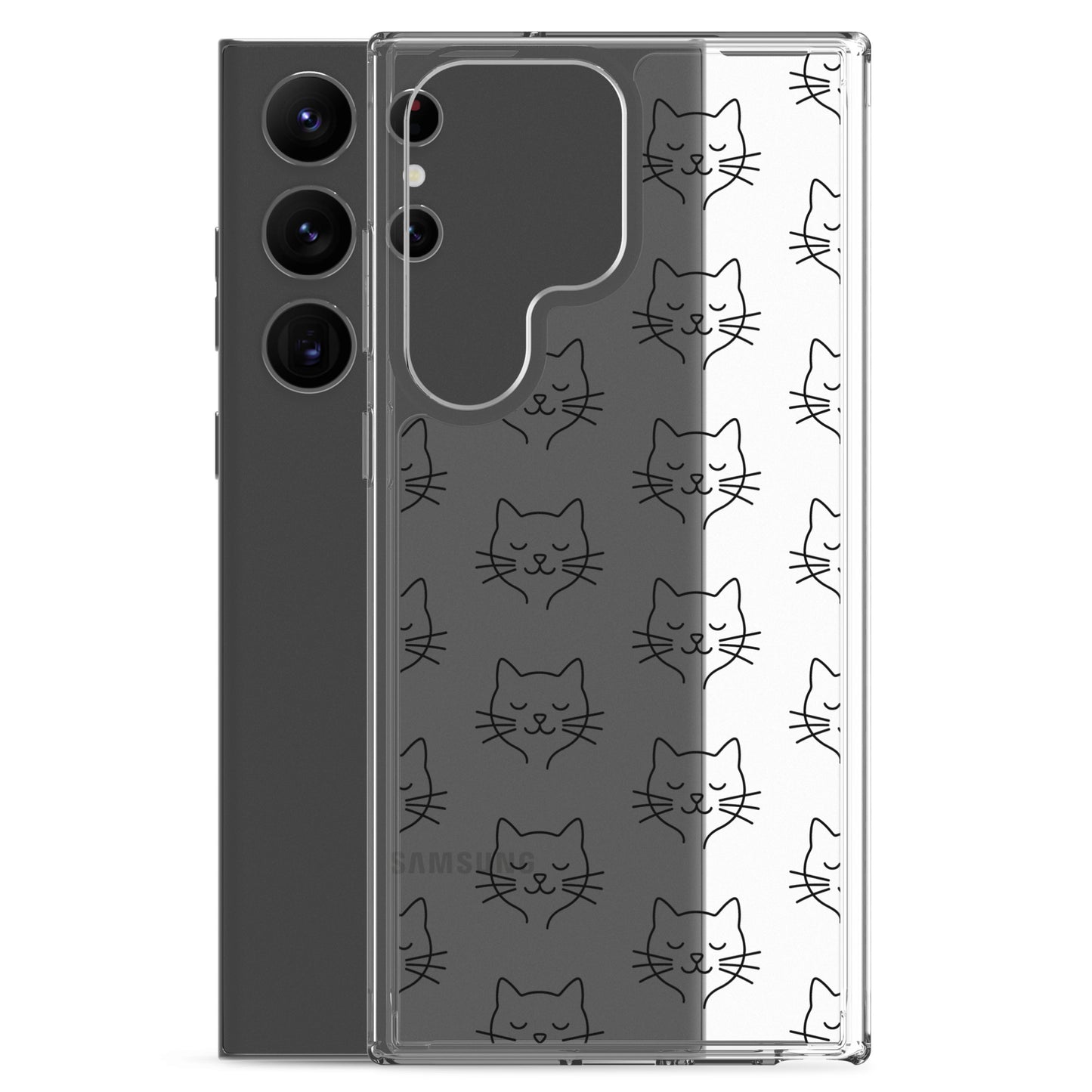 Phone Case for Samsung Galaxy with cute cat face pattern on clear background, showcasing playful feline design.