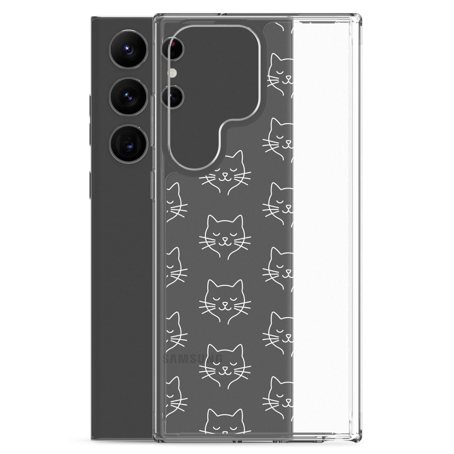 Phone Case for Samsung Galaxy featuring a cute cat face pattern on a clear case, perfect for cat lovers.