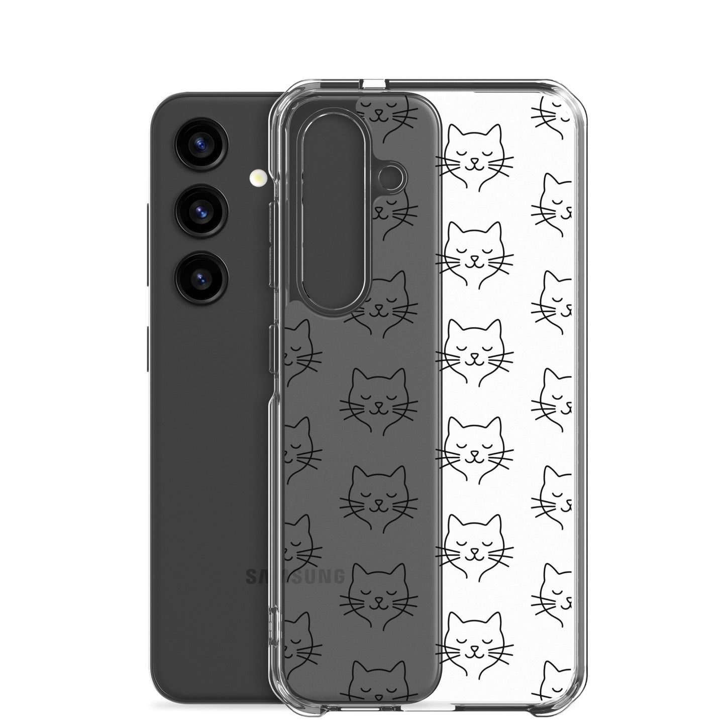 Phone Case for Samsung Galaxy featuring a cute cat face pattern on a clear case, showcasing feline charm and modern design.