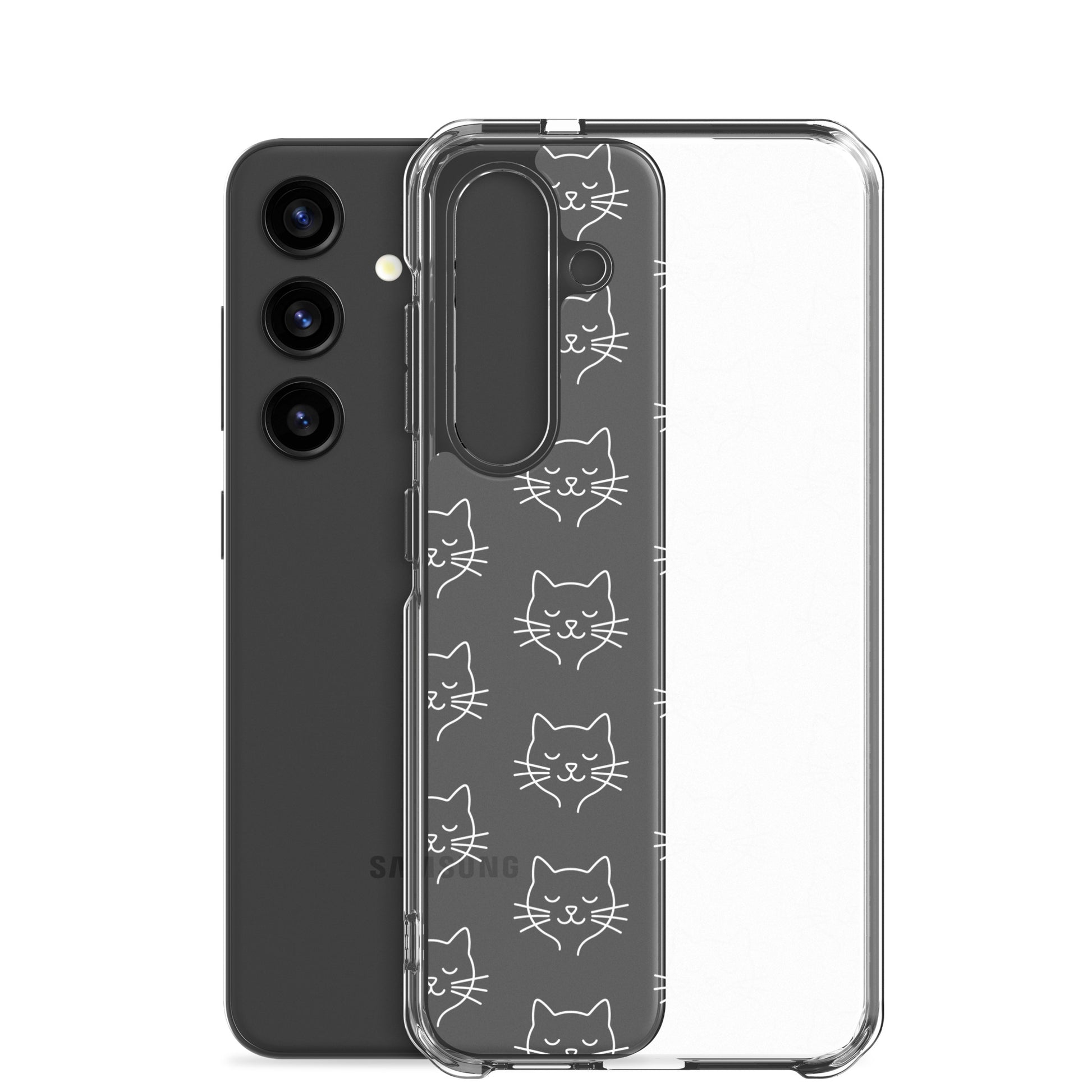 Phone Case for Samsung Galaxy with cute cat face pattern on a clear case design, perfect for cat lovers.