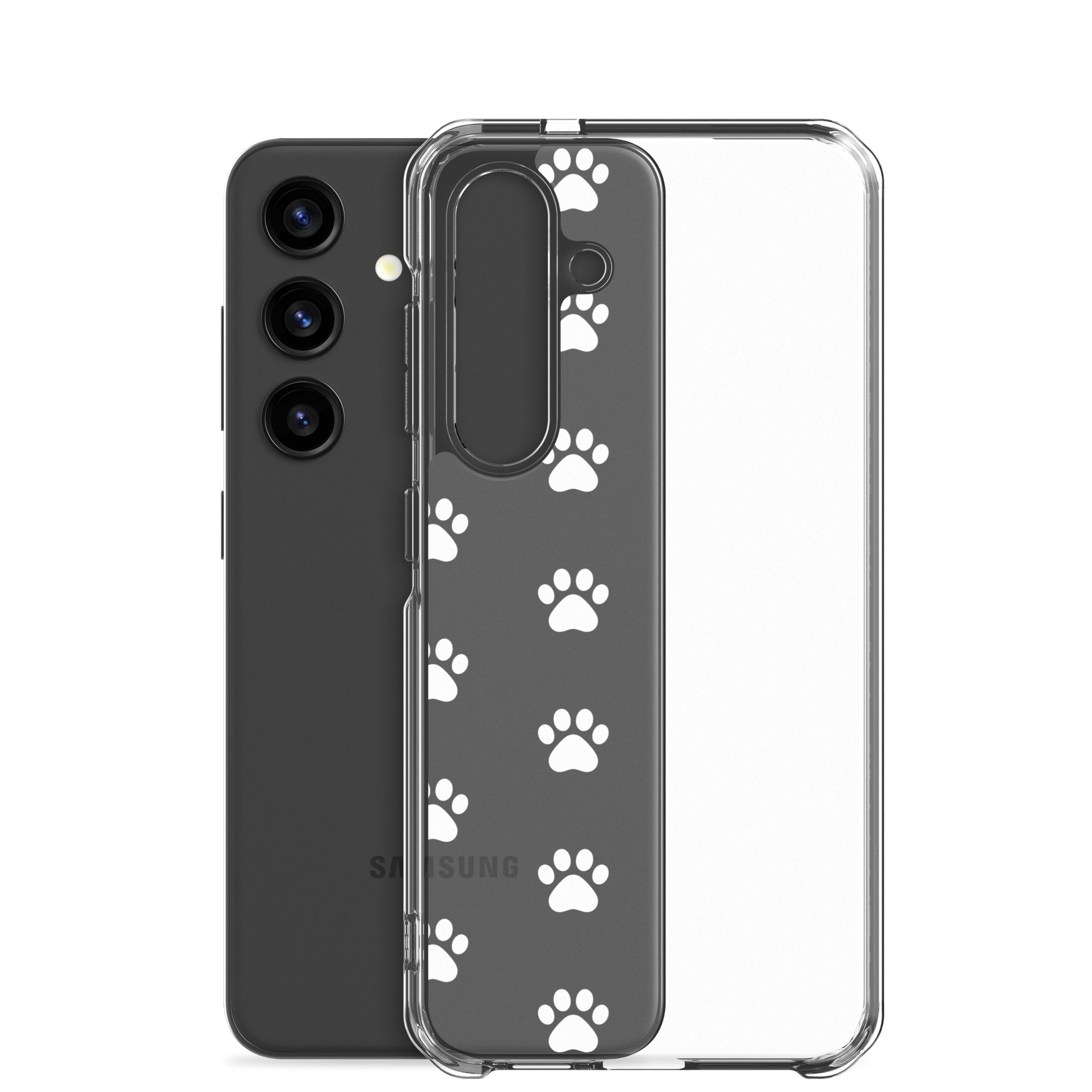 Phone Case for Samsung Galaxy featuring a paw print pattern on a transparent design, perfect for pet lovers.