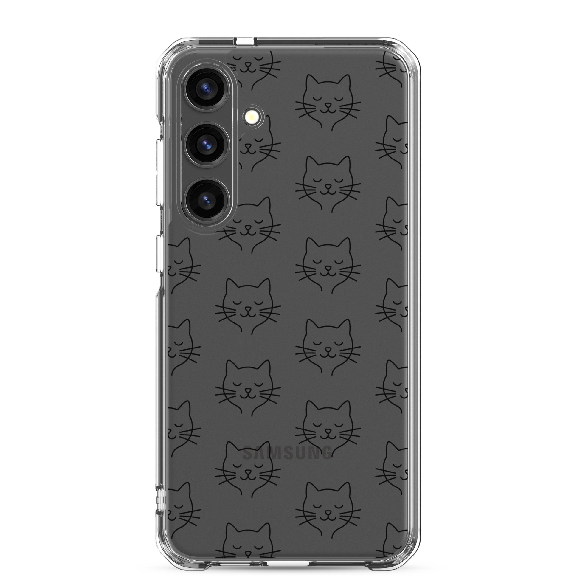 Phone Case for Samsung Galaxy with cute cat face pattern on a clear background.