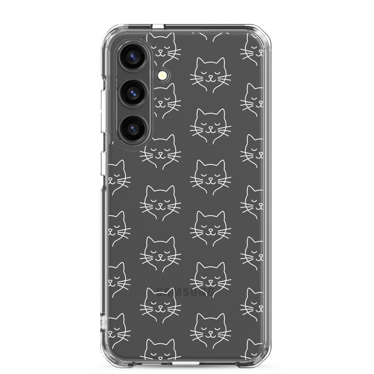 Phone Case for Samsung Galaxy featuring a cute cat face pattern on a clear design.