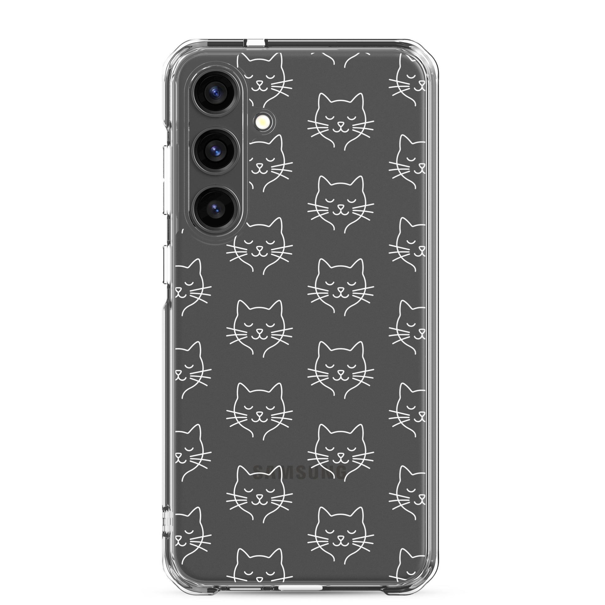 Phone Case for Samsung Galaxy featuring a cute cat face pattern on a clear design.
