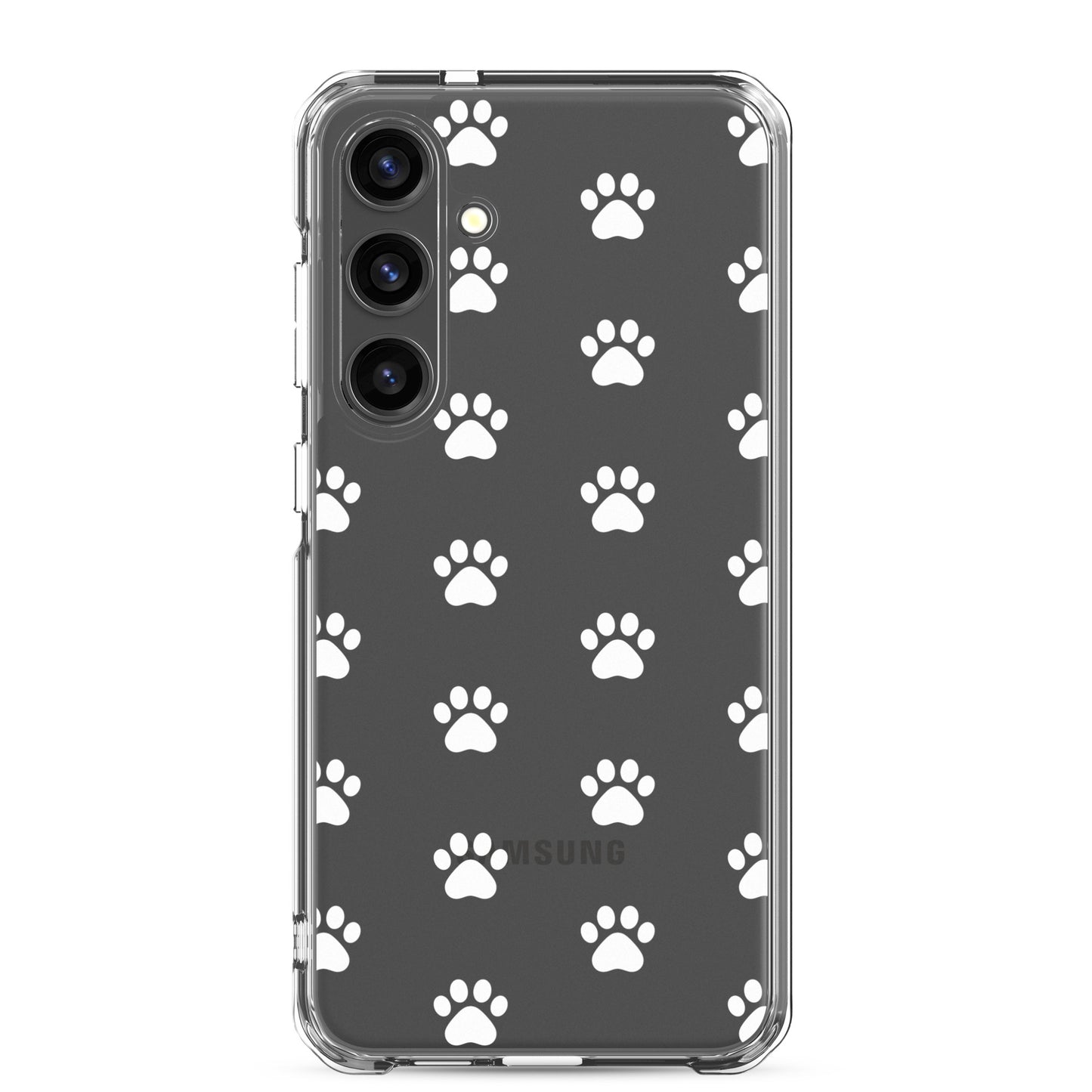 Phone Case for Samsung Galaxy with playful paw print pattern in a transparent design.