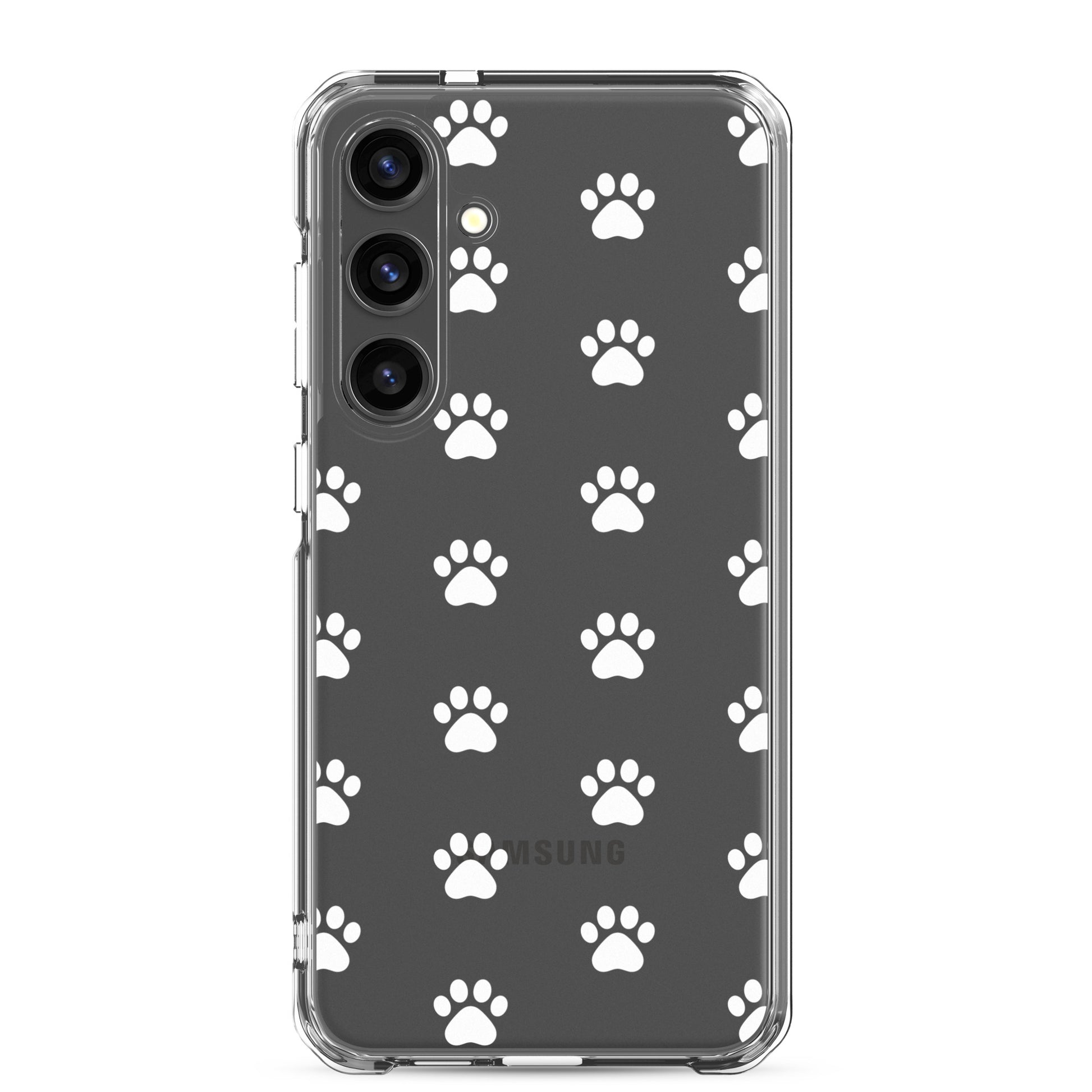 Phone Case for Samsung Galaxy with playful paw print pattern in a transparent design.