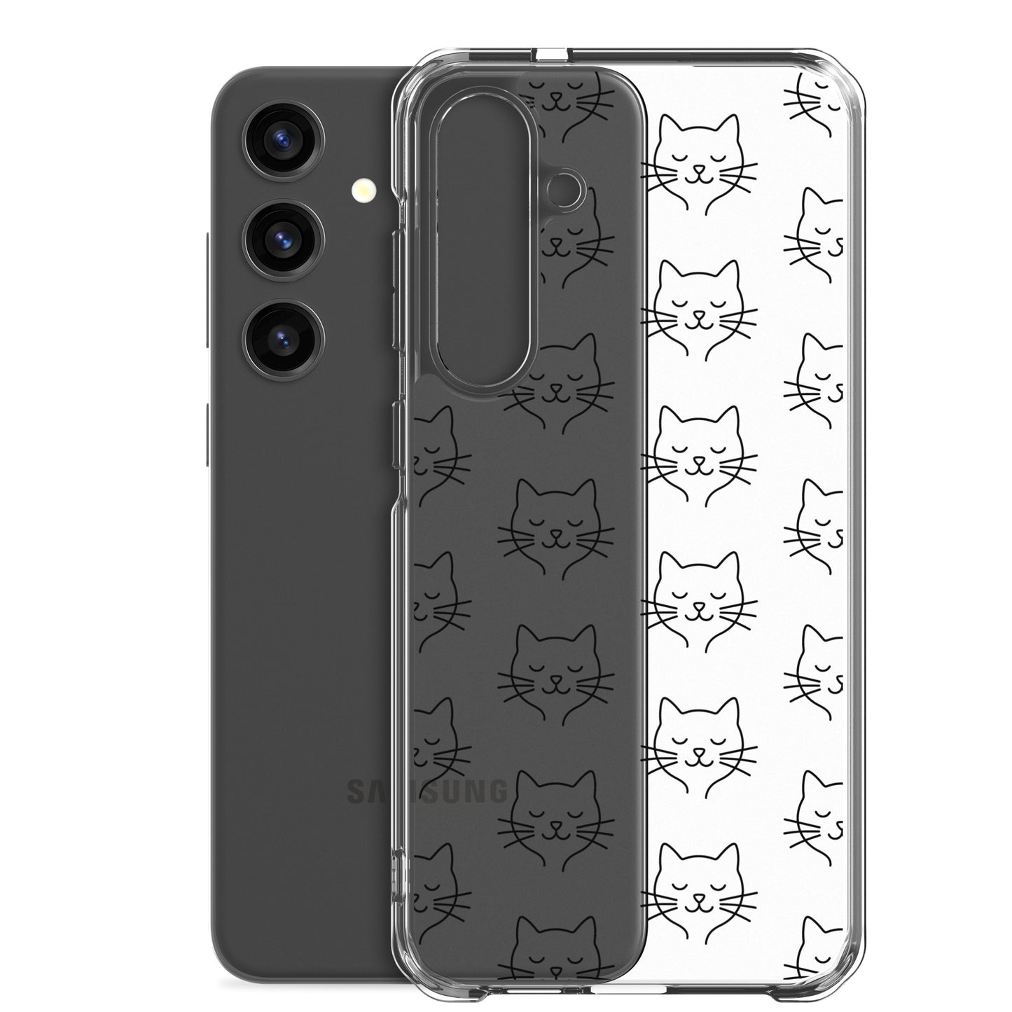 Phone Case for Samsung Galaxy featuring a cute cat face pattern in a clear design with minimalist aesthetics.